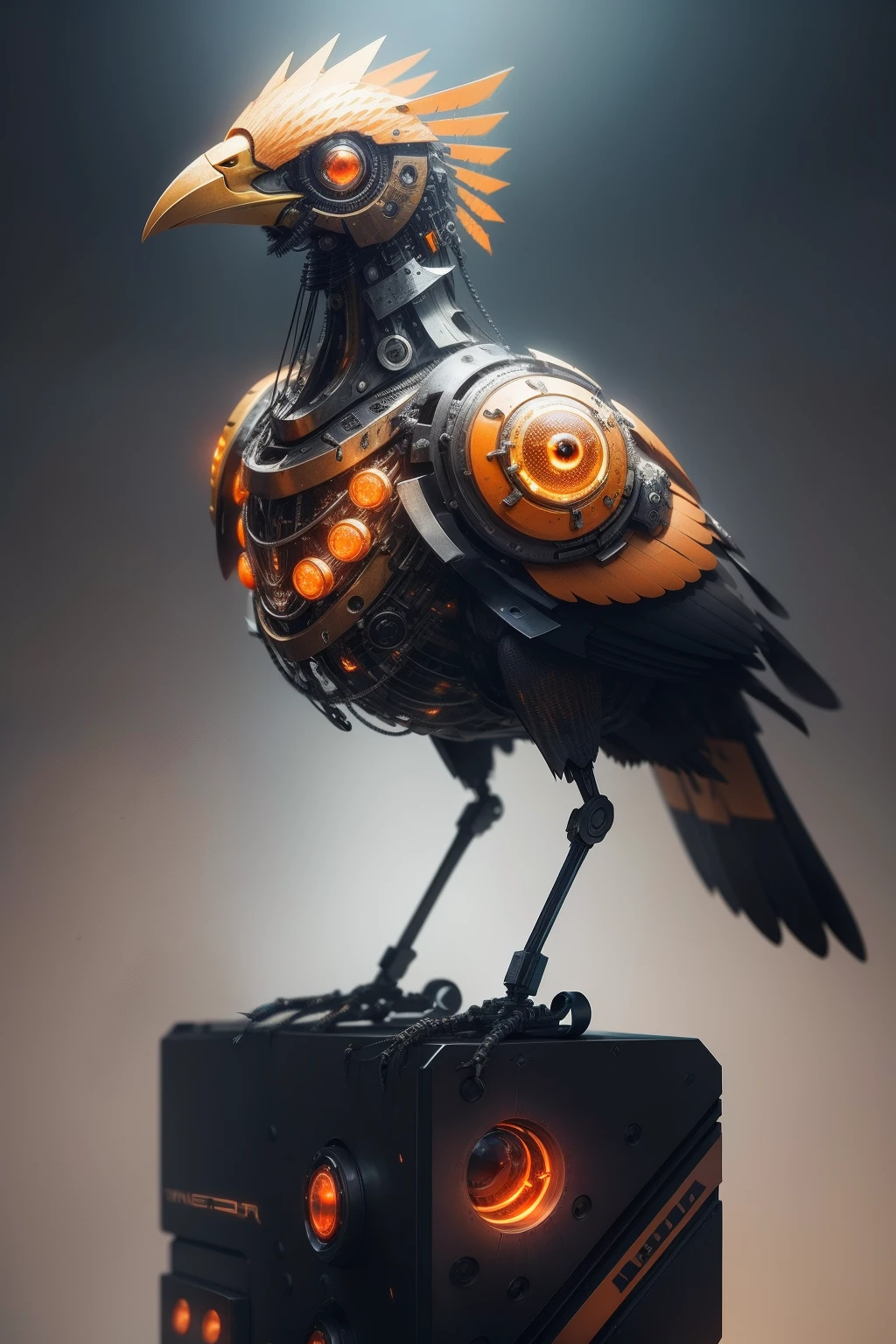 bird made of fully mechanical orange metal weighs, non-organic bird, mechanical bird, robot bird, made from mechanical parts, Bird with neon eye, detalhada, a surrealistic bird, altamente detalhado, made up of many bits of metal, elegante altamente detalhado, fundo Cyberpunk