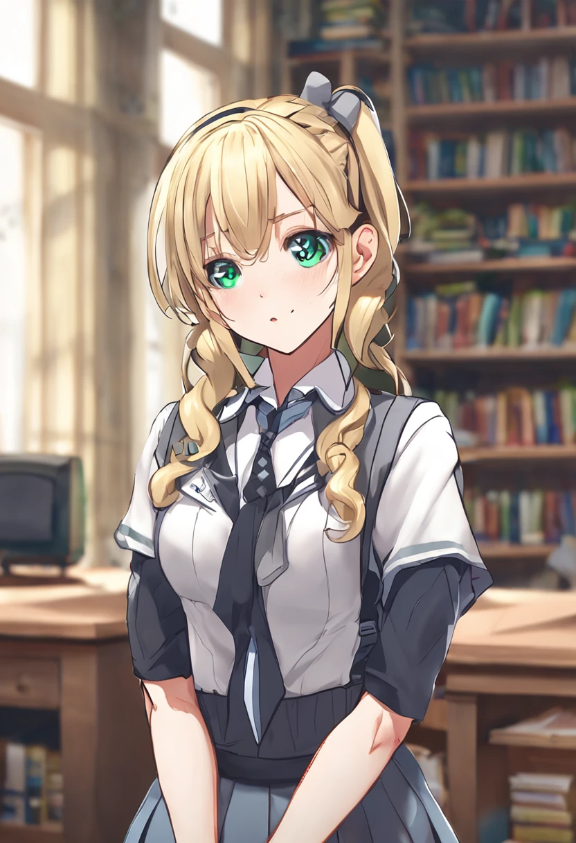 mai kawakami, blonde hair, hair ribbon, long hair, mole, mole under eye, ribbon, side ponytail, (blue eyes:1.2), BREAK school uniform, skirt, vest, green vest, BREAK indoors, classroom, BREAK looking at viewer, BREAK (masterpiece:1.2), best quality, high resolution, unity 8k wallpaper, (illustration:0.8), (beautiful detailed eyes:1.6), extremely detailed face, perfect lighting, extremely detailed CG, (perfect hands, perfect anatomy),
