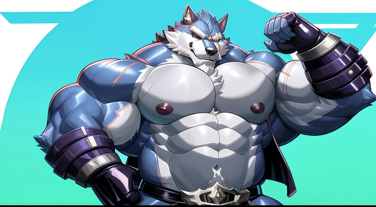 imagem de estilo de um homem com um corpo semelhante a um lobo e uma camisa, lobisomem musculoso, peito fofo, musculoso! Branco, peito peludo, super buff e cool, Commission for High Res, Lobo Peludo, thick furry neck and fluff on his chest, corpo peludo, Arte peluda!!!, forte e imponente, thicc, musculoso!!!, corpo fofo, big muscle, large muscles, roupas latex, cintas , roupas apertadas e marcadas com musculos , fazendo pose , flexionando os musculos