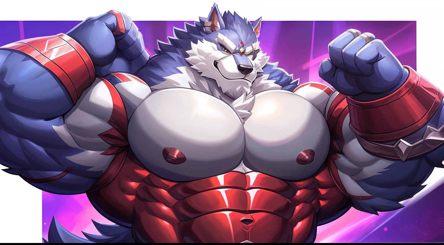 imagem de estilo de um homem com um corpo semelhante a um lobo e uma camisa, lobisomem musculoso, peito fofo, musculoso! Branco, peito peludo, super buff e cool, Commission for High Res, Lobo Peludo, thick furry neck and fluff on his chest, corpo peludo, Arte peluda!!!, forte e imponente, thicc, musculoso!!!, corpo fofo, big muscle, large muscles, roupas latex, cintas , roupas apertadas e marcadas com musculos , fazendo pose , flexionando os musculos