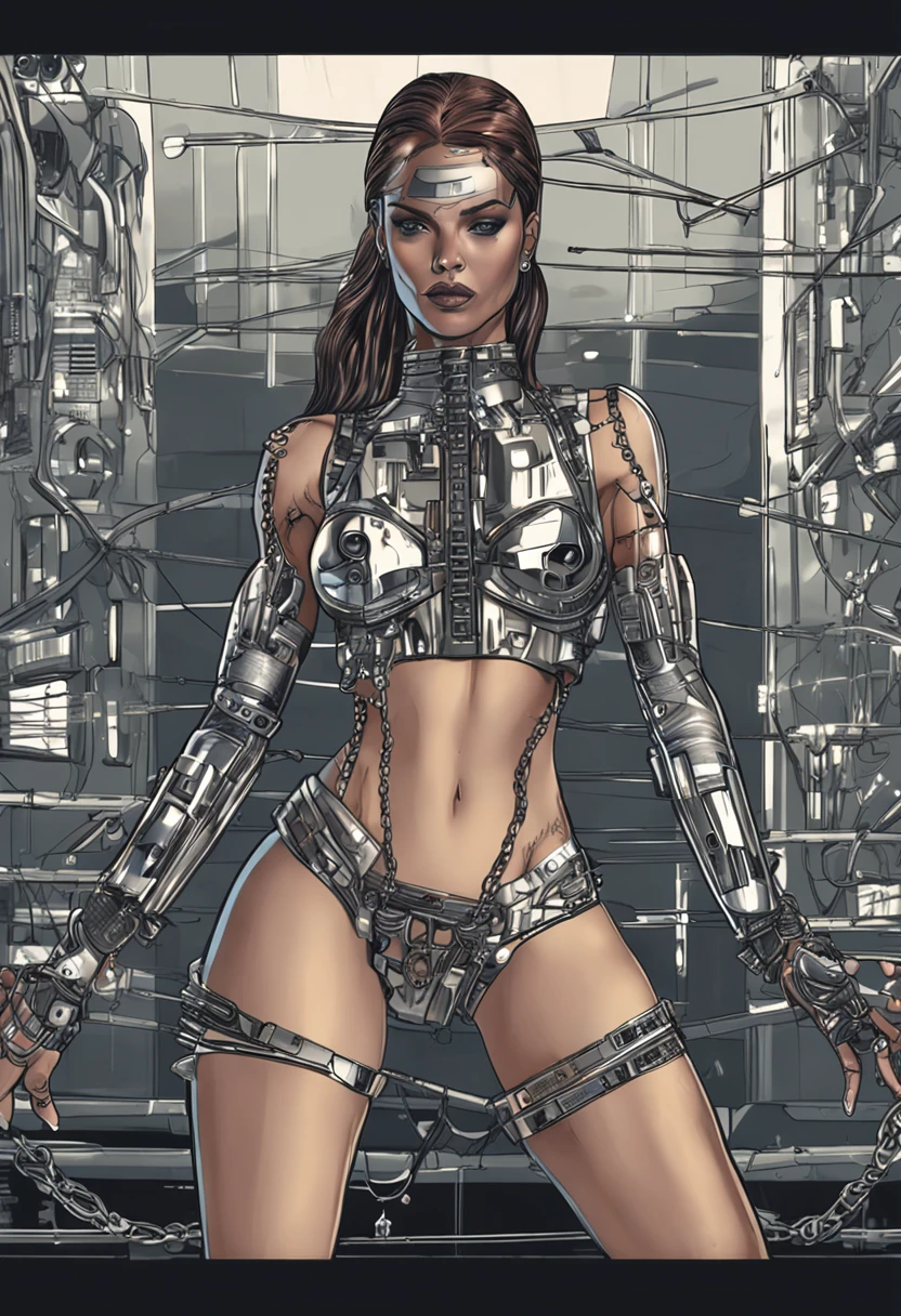 Araffed woman in a silver bra top and chains, metal bikini, Cyborg female beautiful and attractive, Modelo de moda Cyborg, inspirado por Hajime Sorayama, Foto de moda de Cyborg, Modelo de mulher cyberpunk bonita, Fantasia sombria cyberpunk sedutora,  ciborgue bonita, Hermosa chica ciborgue pinup, Beleza Blade Runner Mulheres, Meninague bonita, Terno cromado, beautiful female cyborg