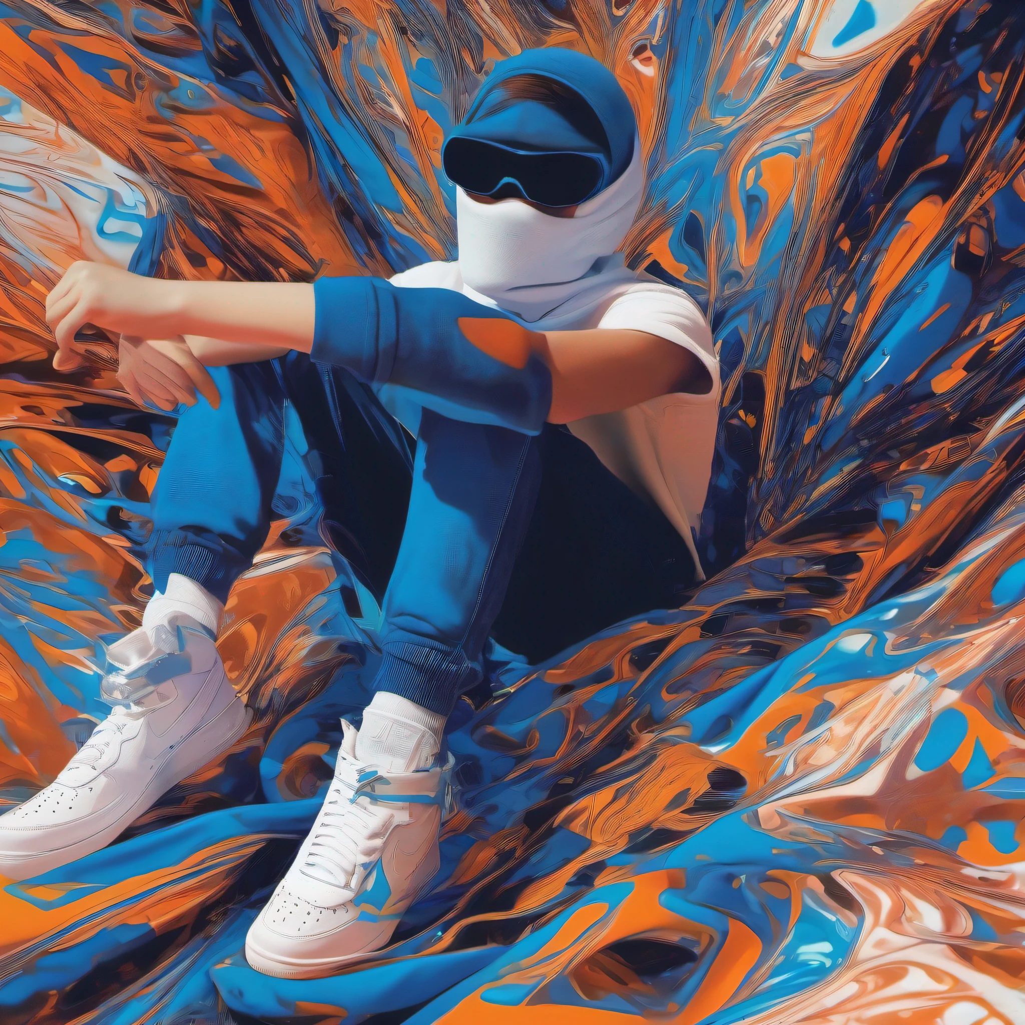 Gere uma imagem que contenha um adolescente branco com uma balaclava. The teen should be floating in space in trendy clothes and a white nike air force sneaker. Ao fundo, inclua o planeta Terra com bordas em neon azul, but not very strong. The final image should have a high quality resolution.