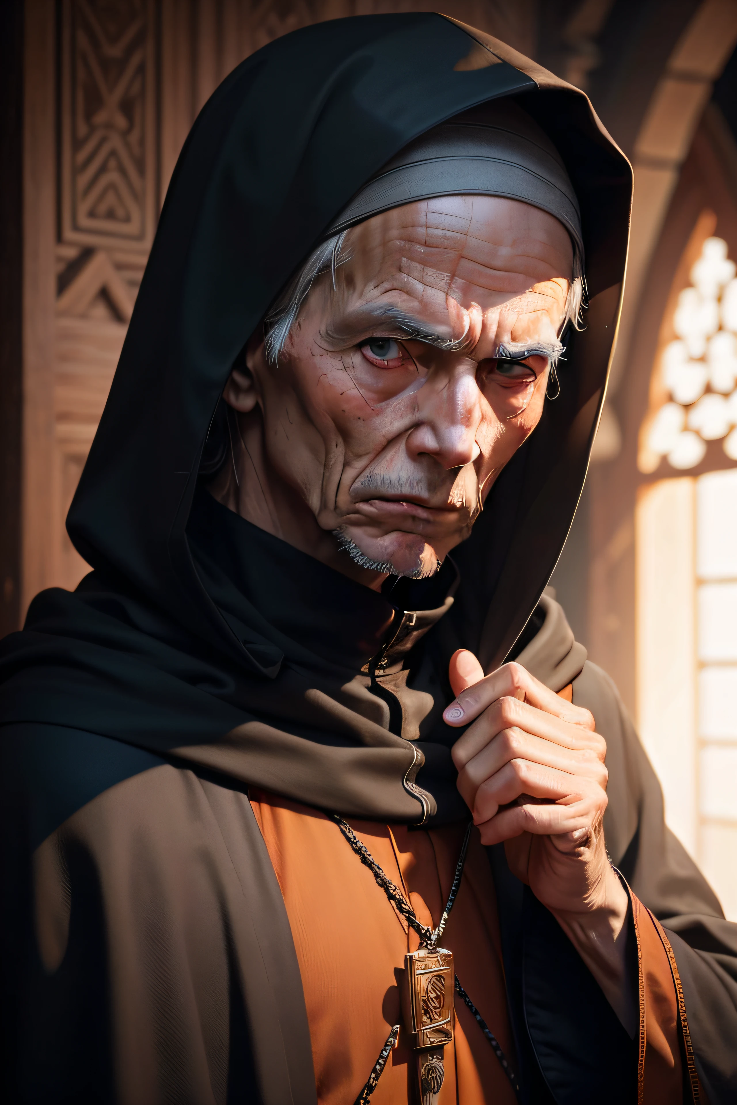 Elderly monk in the monastery, wearing a hood, with a piercing gaze, signaling with his hand to be silent. The photo is close-up