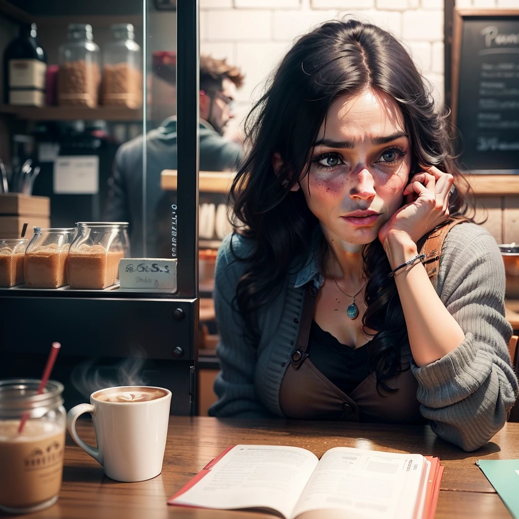 create a prompt from a man begging in an ultra-realistic coffee shop 16:09, to two beautiful women --auto --s2