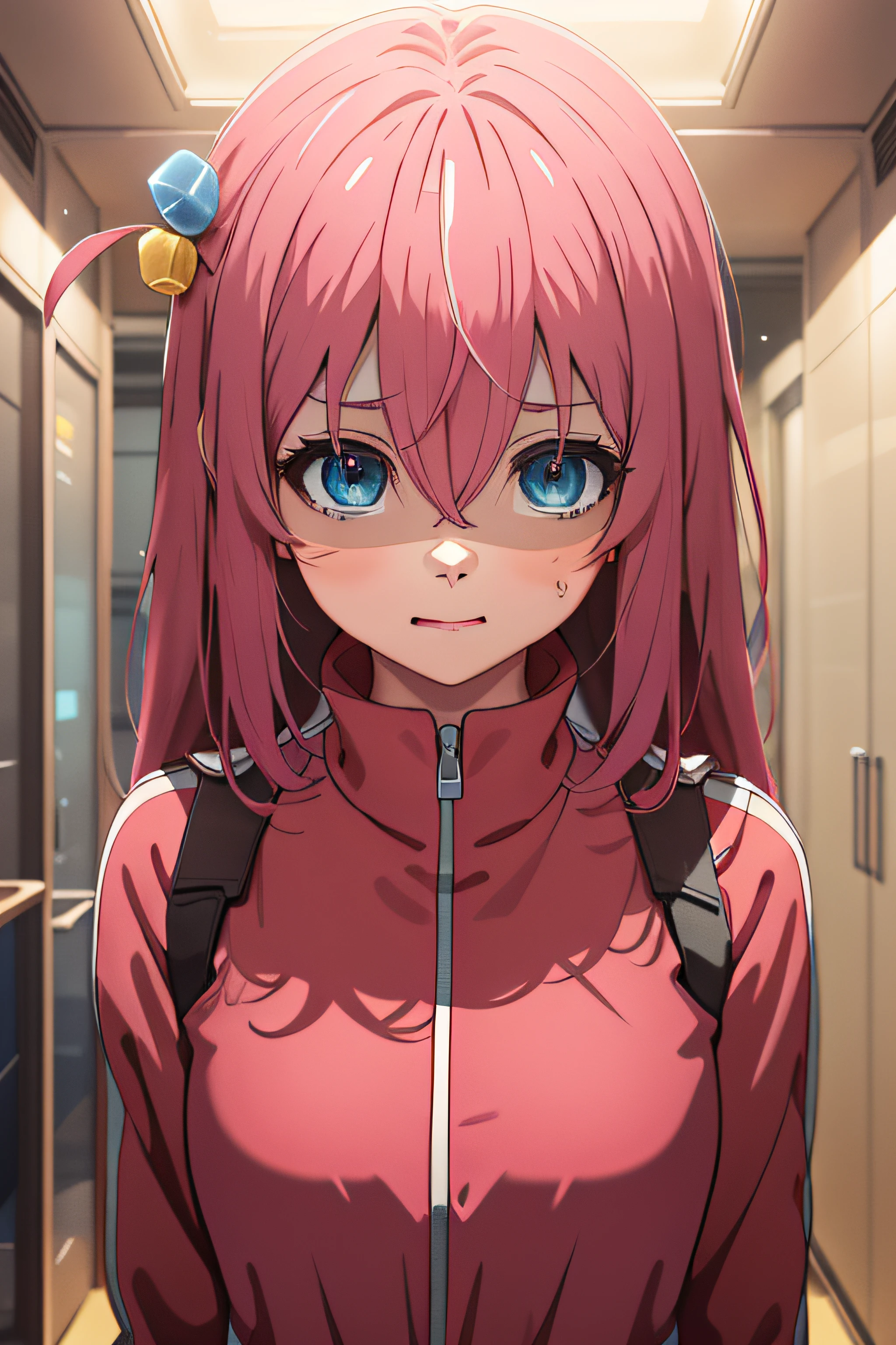gotou hitori, anime sytle beautiful woman, solo, pink jacket, track jacket, bangs, hair between eyes, pink hair, long sleeves, upper body, sweatdrop, happy, red face, cowboy shot, first person view, large breasts, ((best quality, highres, highest quality, high resolution, perfect pixel, 4k wallpeper, UHD, RTX, HDR)), (detailed eyes, beautiful eyes, perfect eyes, anime eyes style), smooth texture, anime style CG