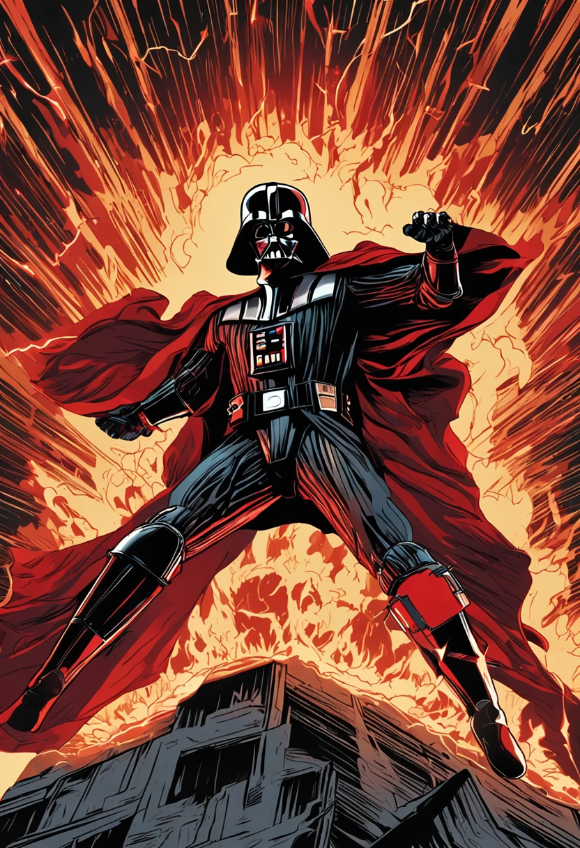 Darth Vader, surrounded by flames and lightning with thunder, segurando um sabre de luz vermelho