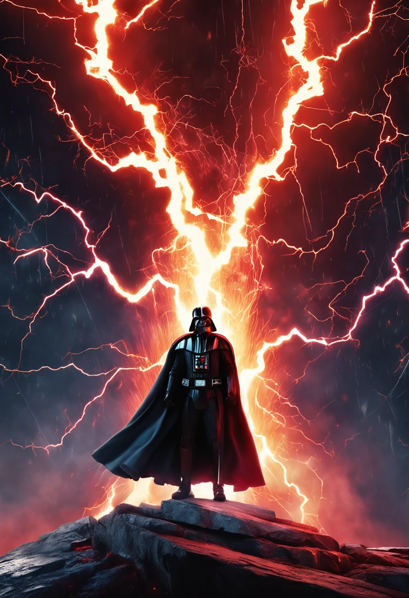 Darth Vader, surrounded by flames and lightning with thunder, segurando um sabre de luz vermelho