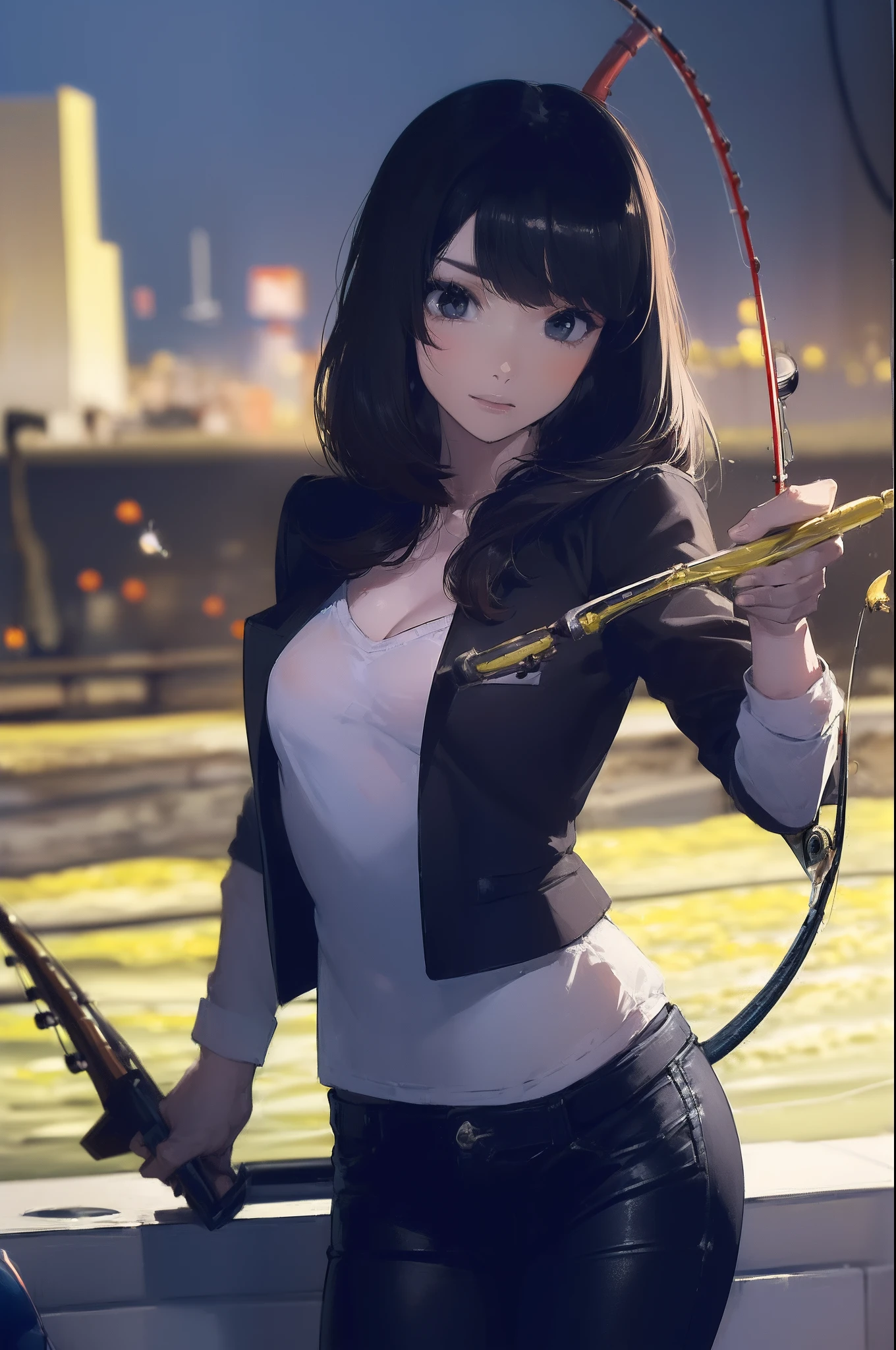 ((((having fishing rod with a reel by the lakeside:1.5)))),((Female 28 years old)),((Best Quality:1.5)),(((Hands with the correct number and structure of fingers:1.4))),((Big fish:1.37)),hight resolution,ultra-detailliert,​masterpiece,best qualtiy,(Eight-headed body),Black hair, long eyes-lashes, Solid Circle Eyes, drop shadow, Atmospheric perspective,Super Detail, ccurate, small brest,(Black jacket and black jeans :1.1),top-quality, blurry backround, bokeh dof:1.2, (​masterpiece:1.3),  Atmospheric perspective,Super Detail,dynamic compositions,