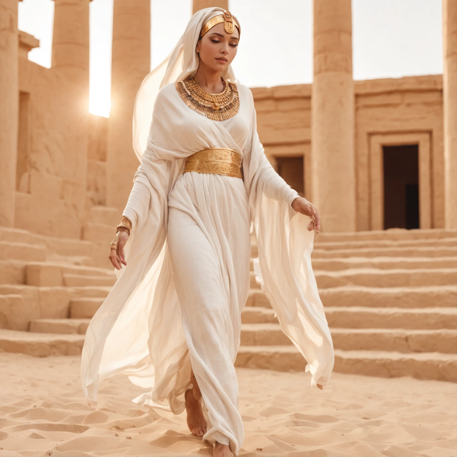 A scene depicting ancient Egyptian women in linen sheer exposed white robes leaving a temple after a ceremony. Their garments flutter in the desert breeze as they descend the temple stairs. The temple's intricate architecture stands against the backdrop of a setting sun, casting a warm, amber glow. Camera shot: Medium shot. Camera lens: 50mm prime lens. Render style: Detailed realism, emphasizing the intricate jewelry and temple carvings.