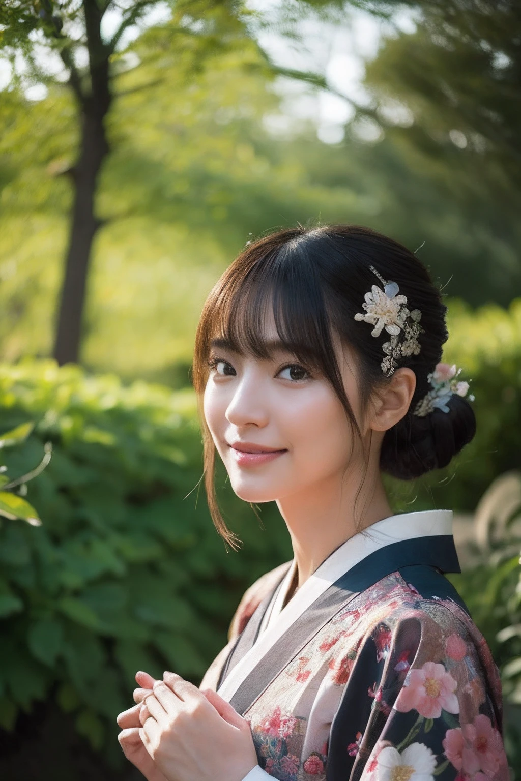(Photorealsitic:1.4), (Top image quality:1.0), (超A high resolution:1.0), 8K, Japanese 0.1 : Korean 0.1 : Taiwan 0.3、Raw photography, (masterpiece:0.2), (pureerosface_Right and left eyes or the same size、v1:0.5)、(Best Quality Detail:1.2)、realisitic、8K UHD、hight resolution、(1girl in:1.2)、The ultra-detailliert、High quality textures、intricate detailes、detaileds、Very detailed CG、High quality shadows、Detail Beautiful delicate face、Detail Beautiful delicate eyes、depth of fields、Ray traching,1girl in, Cute, slender, Black kimono, Kimono with Japanese pattern,Floral scrunchie, Beautiful skin, Facing the front,Sit down, Sit upright and say thank you,Align your hands elegantly,Smile faintly The Land of Japan,Japanese garden,Luxury Japanese-style room, skyporn, Magic Hour, (Realistic:1.3), Finely detailed, quality, (masutepiece:1.2), (Photorealistic:1.2), (Best Quality), (Intricate details),