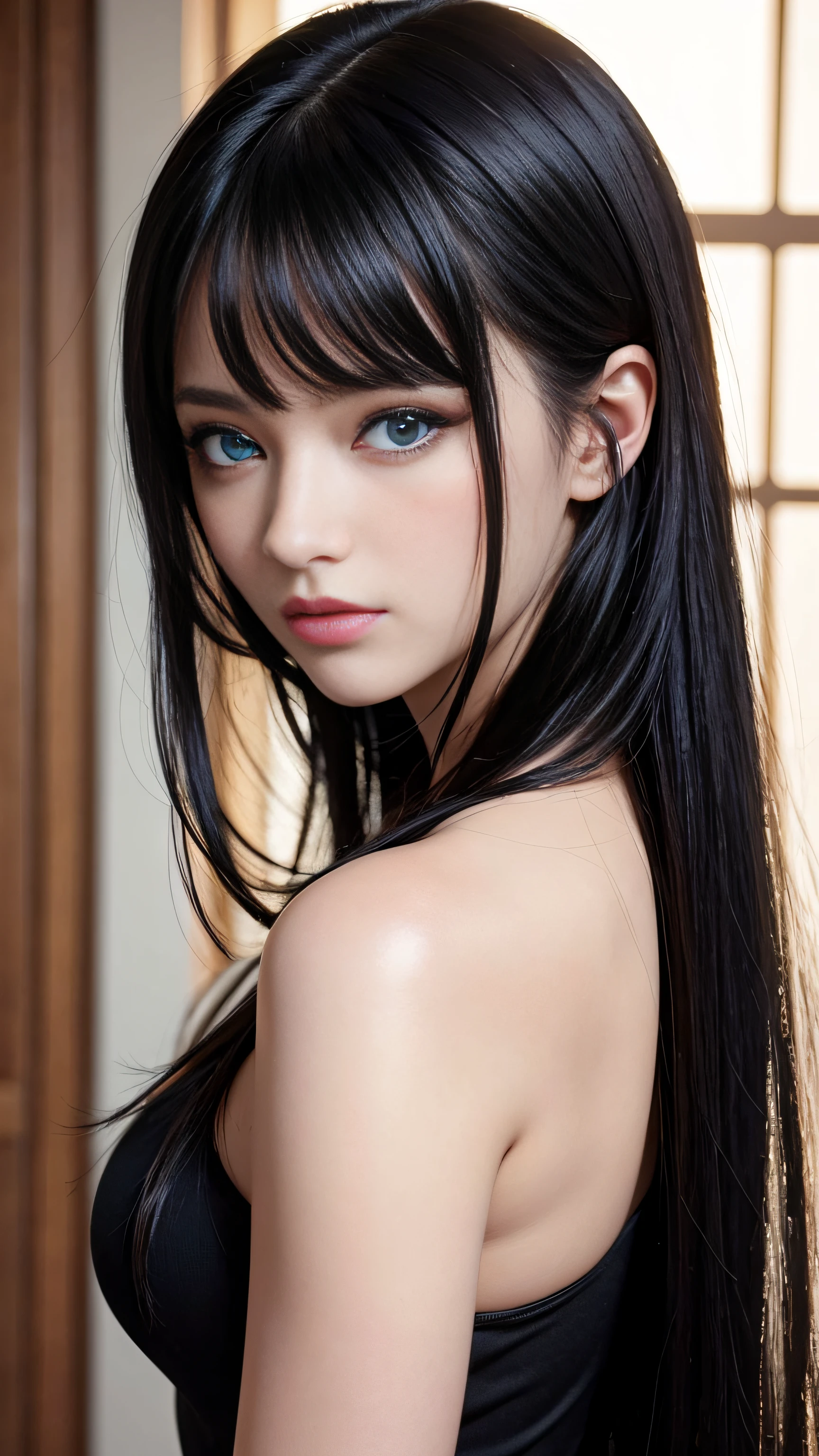 Beautiful girl, detailed blue eyes, detailed facial traits, inside a room of japanese style, open bondage BDSM Dress of black colour, black choker, long white hair, naked breasts