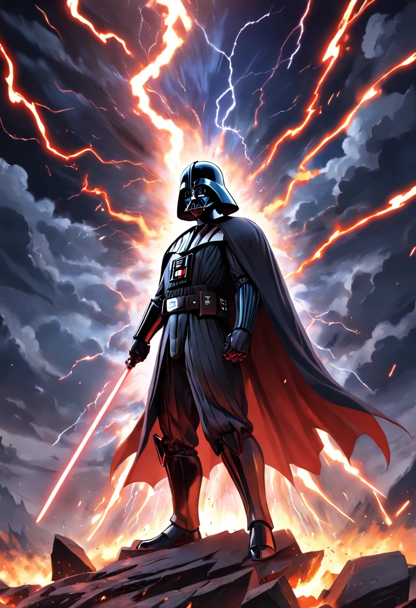 Darth Vader, surrounded by flames and lightning with thunder, segurando um sabre de luz vermelho