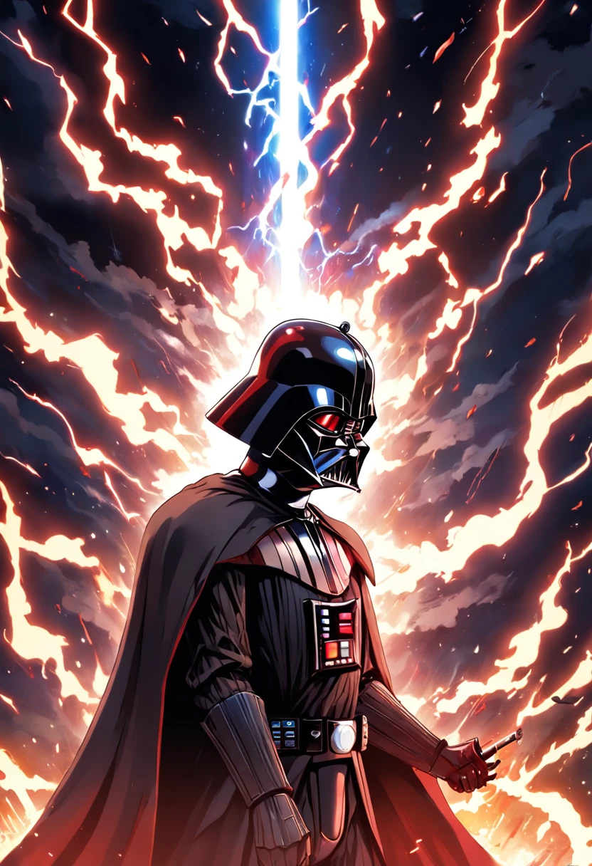 Darth Vader, surrounded by flames and lightning with thunder, segurando um sabre de luz vermelho