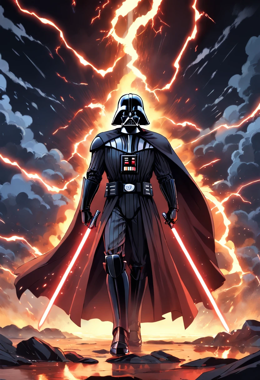 Darth Vader, surrounded by flames and lightning with thunder, segurando um sabre de luz vermelho