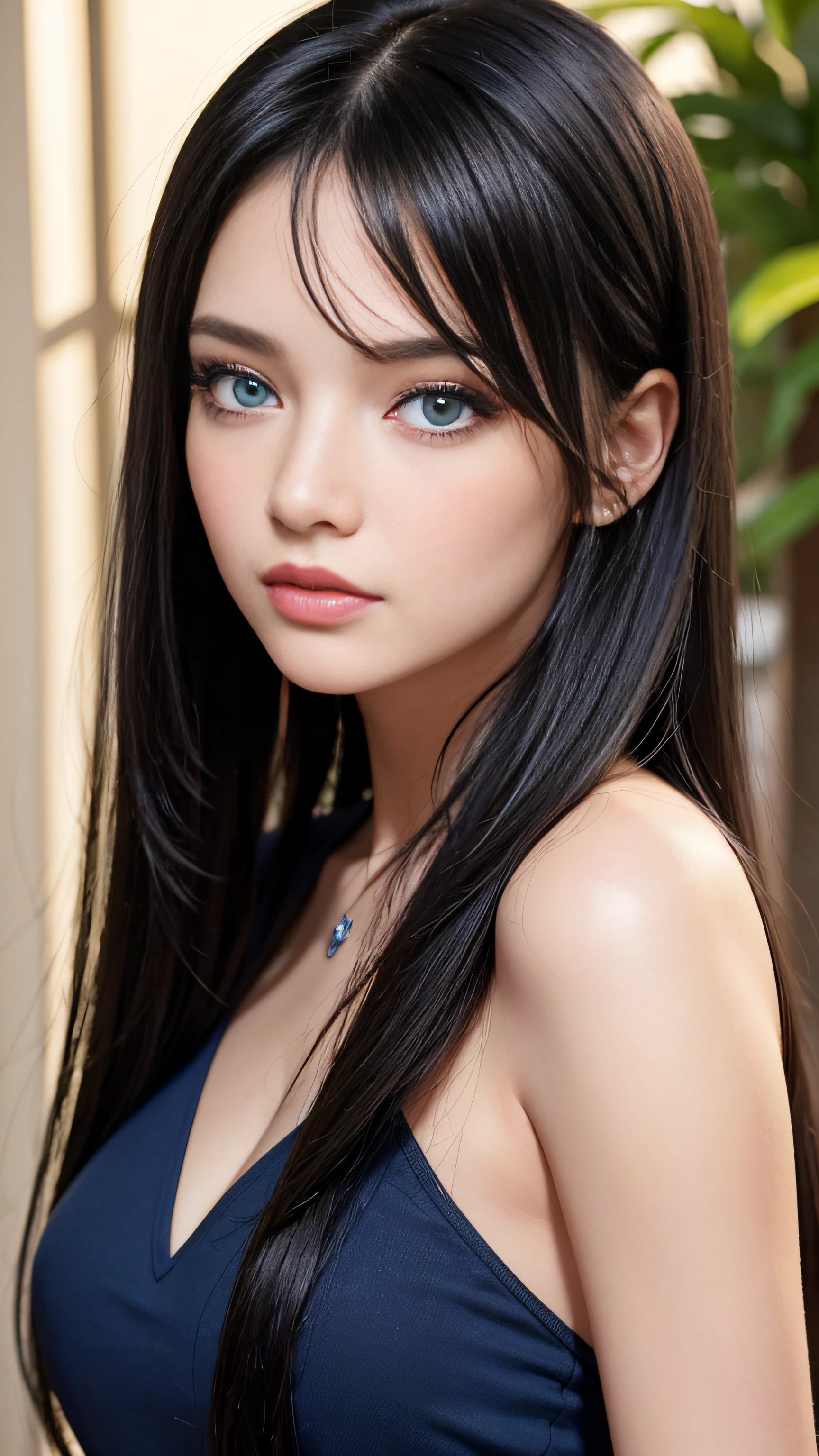 masterpiece, best quality, beautiful young woman, shiny blue eyes, (detailed pupils:1.2), eyelash, beautiful light black hair, streaked hair, multi color, medium hair, perfect face, detailed,