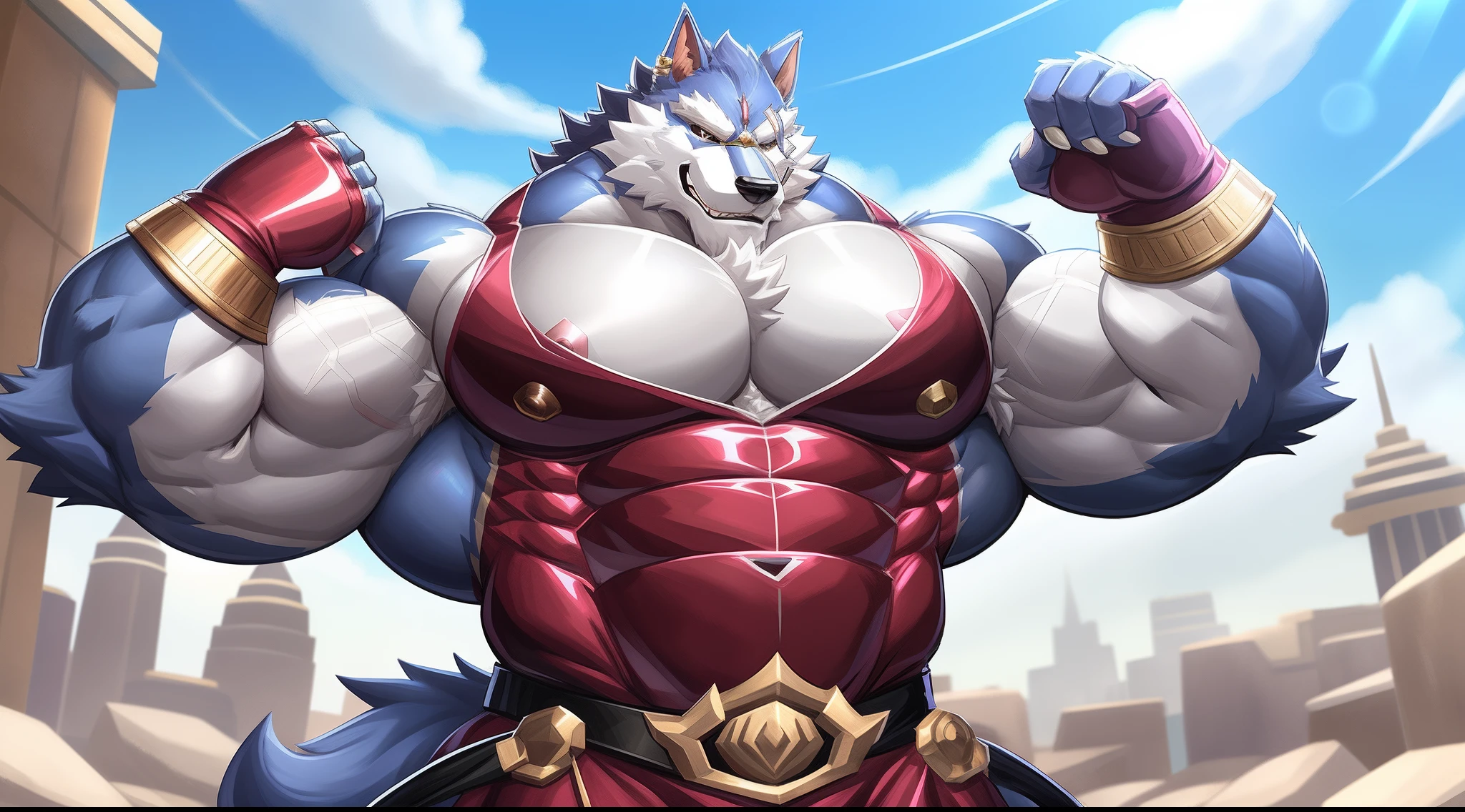 imagem de estilo de um homem com um corpo semelhante a um lobo e uma camisa, lobisomem musculoso, peito fofo, musculoso! Branco, peito peludo, super buff e cool, Commission for High Res, Lobo Peludo, thick furry neck and fluff on his chest, corpo peludo, Arte peluda!!!, forte e imponente, thicc, musculoso!!!, corpo fofo, big muscle, large muscles, roupas latex, cintas , roupas apertadas e marcadas com musculos , fazendo pose , flexionando os musculos