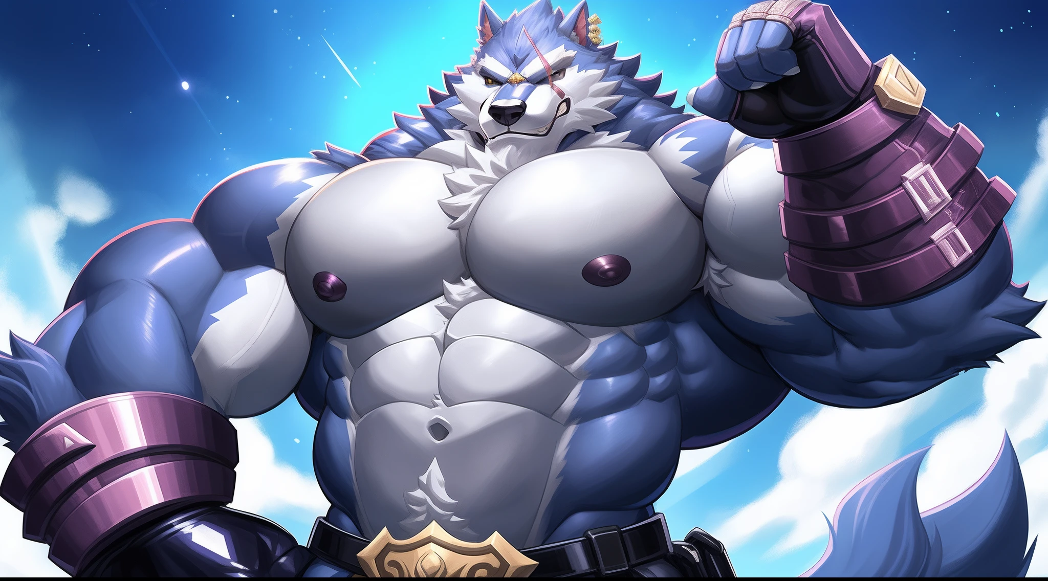 imagem de estilo de um homem com um corpo semelhante a um lobo e uma camisa, lobisomem musculoso, peito fofo, musculoso! Branco, peito peludo, super buff e cool, Commission for High Res, Lobo Peludo, thick furry neck and fluff on his chest, corpo peludo, Arte peluda!!!, forte e imponente, thicc, musculoso!!!, corpo fofo, big muscle, large muscles, roupas latex, cintas , roupas apertadas e marcadas com musculos , fazendo pose , flexionando os musculos