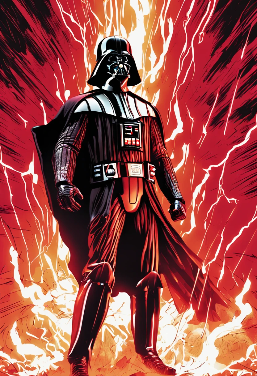 Darth Vader, amid flames and lightning with thunder, empunhando um sabre de luz vermelho.