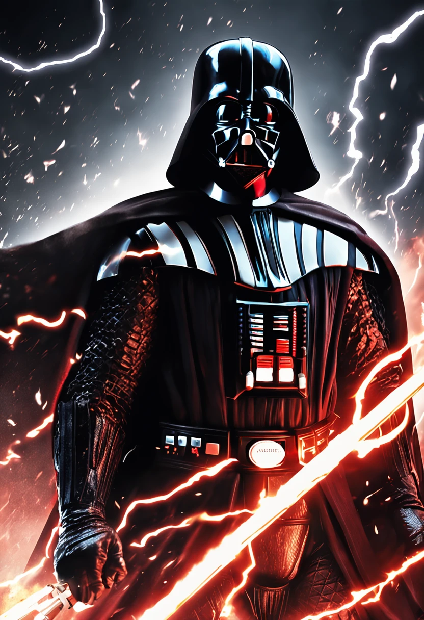 Darth Vader, amid flames and lightning with thunder, empunhando um sabre de luz vermelho.