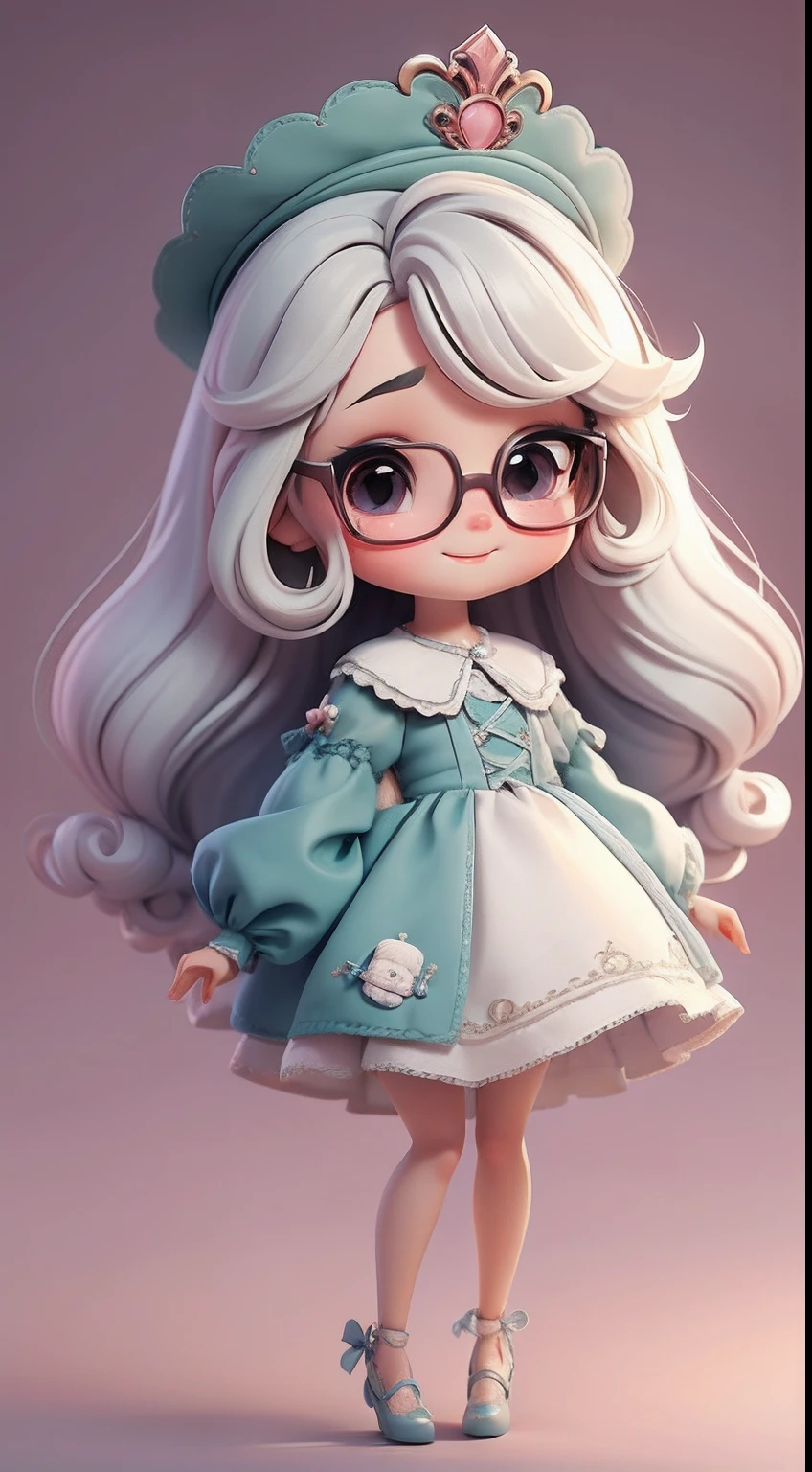 Create a series of cute baby chibi loli style dolls with a cute Christmas theme, each with lots of detail and in an 8K resolution. All dolls should follow the same solid background pattern and be complete in the image, mostrando o (corpo inteiro, incluindo as pernas: 1.5)

Boneca Natal: Chame-a de Bella. Ela deve ter cabelo multicolorido, curto e cacheado em tons pastel, with accessories. Seu sorriso deve ser branco, delicado e definido, Seus olhos devem ser grandes e brilhantes, with long eyelashes and rosy cheeks. Eyeglasses. Bella deve estar vestida com um vestido delicado e longo e saia longa rodada. She should wear a beautiful and delicate hat. Don't forget the cute shoes

Be sure to add shadows, texturas e detalhes nos cabelos, roupas, Cute accessories of each doll, to make them even more adorable and charming.