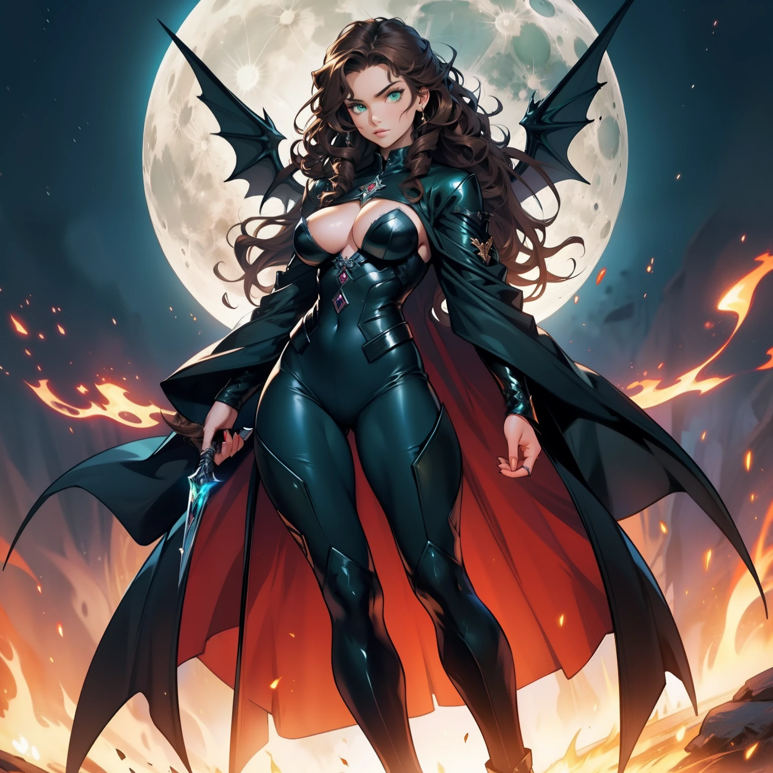 Angel Woman. Sexy Badass Witch. Brown Curly Hair. Angel Wings. Strong Woman. Beautiful Moon Background. Full Body. Long Curly Hair. Green Eyes. Fire Power. Draconic Witch