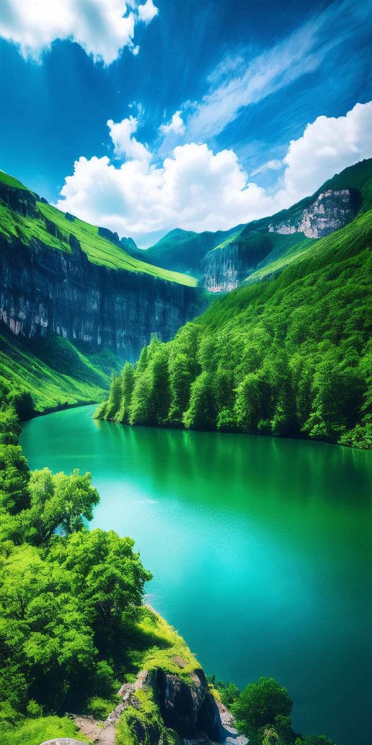 scenery, outdoor, sky, cloud, day, no humans, mountain, panorama, water, tree, blue sky, waterfall, cliff, nature, lake, river, cloudy sky