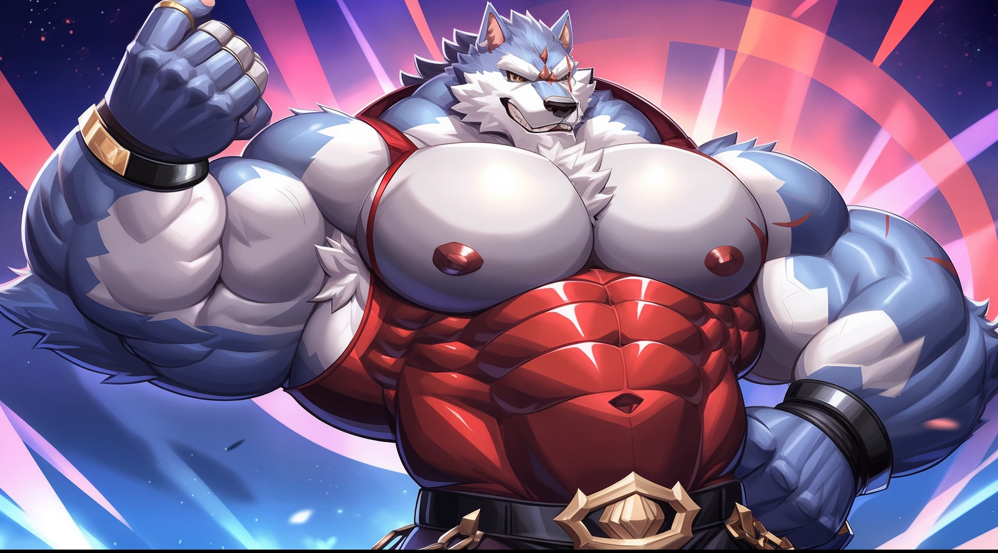 imagem de estilo de um homem com um corpo semelhante a um lobo e uma camisa, lobisomem musculoso, peito fofo, musculoso! Branco, peito peludo, super buff e cool, Commission for High Res, Lobo Peludo, thick furry neck and fluff on his ?????, corpo peludo, Arte peluda!!!, forte e imponente, thicc, musculoso!!!, corpo fofo, big muscle, large muscles, roupas latex, cintas , roupas apertadas e marcadas com musculos , fazendo pose , flexionando os musculos
