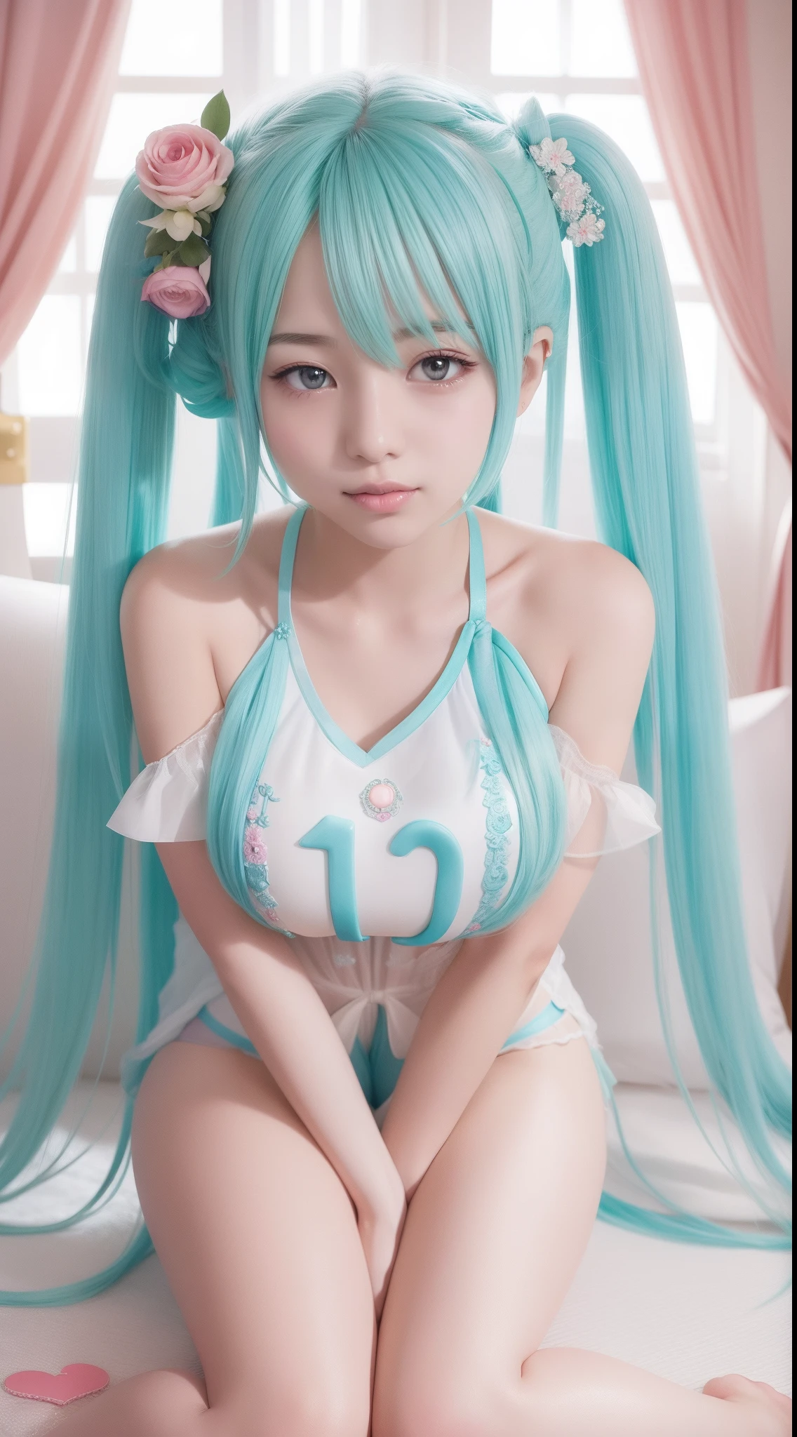 ((highest quality, 8k, masterpiece,Excited,Hatsune Miku:1.3)),nsfw, whole body, Butt,Sharp focus :1.2, Beautiful woman with perfect figure :1.4, Slim Abs :1.2, ((Big Breasts ,curvy,Plump,squatting,open legs:1.2)), (Night city view,sofa:1.1), Highly detailed face and skin texture, fine grain, double eyelid, Exposed cleavage, (topless), (No pants), office