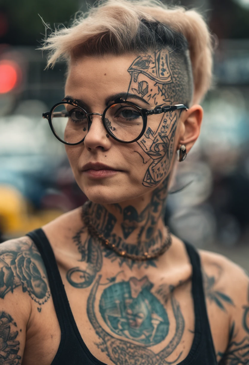 Two photos of a girl with a tattoo on her head and a girl with glasses, tatuagens no rosto, com tatuagem facial, tatuagens faciais, tatuagem no rosto, com tatuagens de runa no rosto, strange geometric facial tattoos, simetria facial ultra alta, body modification, symmetrical facial features, symmetry accurate human features, rosto tatuado, rostos extremamente afiados, alta simetria facial