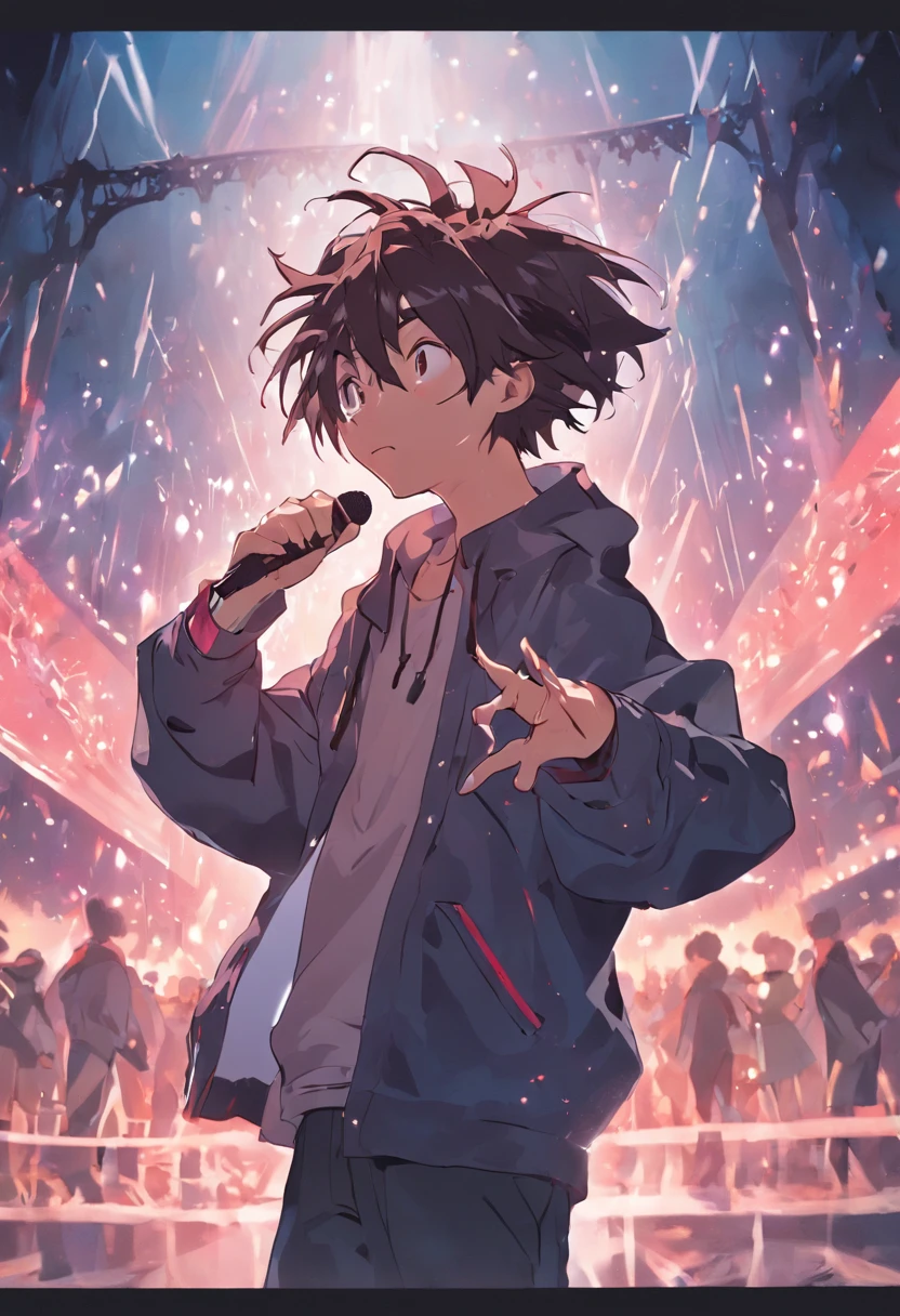Develop 4 frames an animated sequence frame by frame of a young man wearing Hip-Hop style clothes. He's holding a microphone in one hand and his movement is a slight swing
