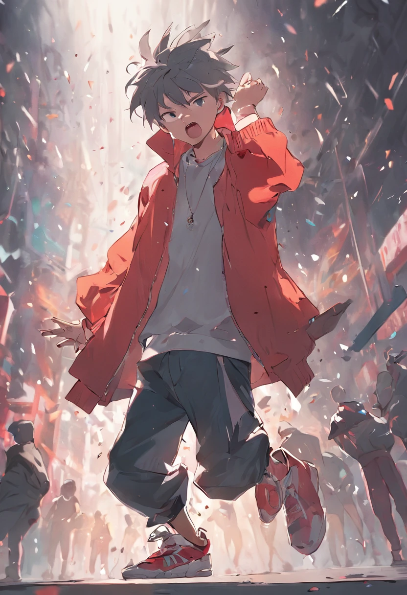 Develop 4 frames an animated sequence frame by frame of a young man wearing Hip-Hop style clothes. He's holding a microphone in one hand and his movement is a slight swing