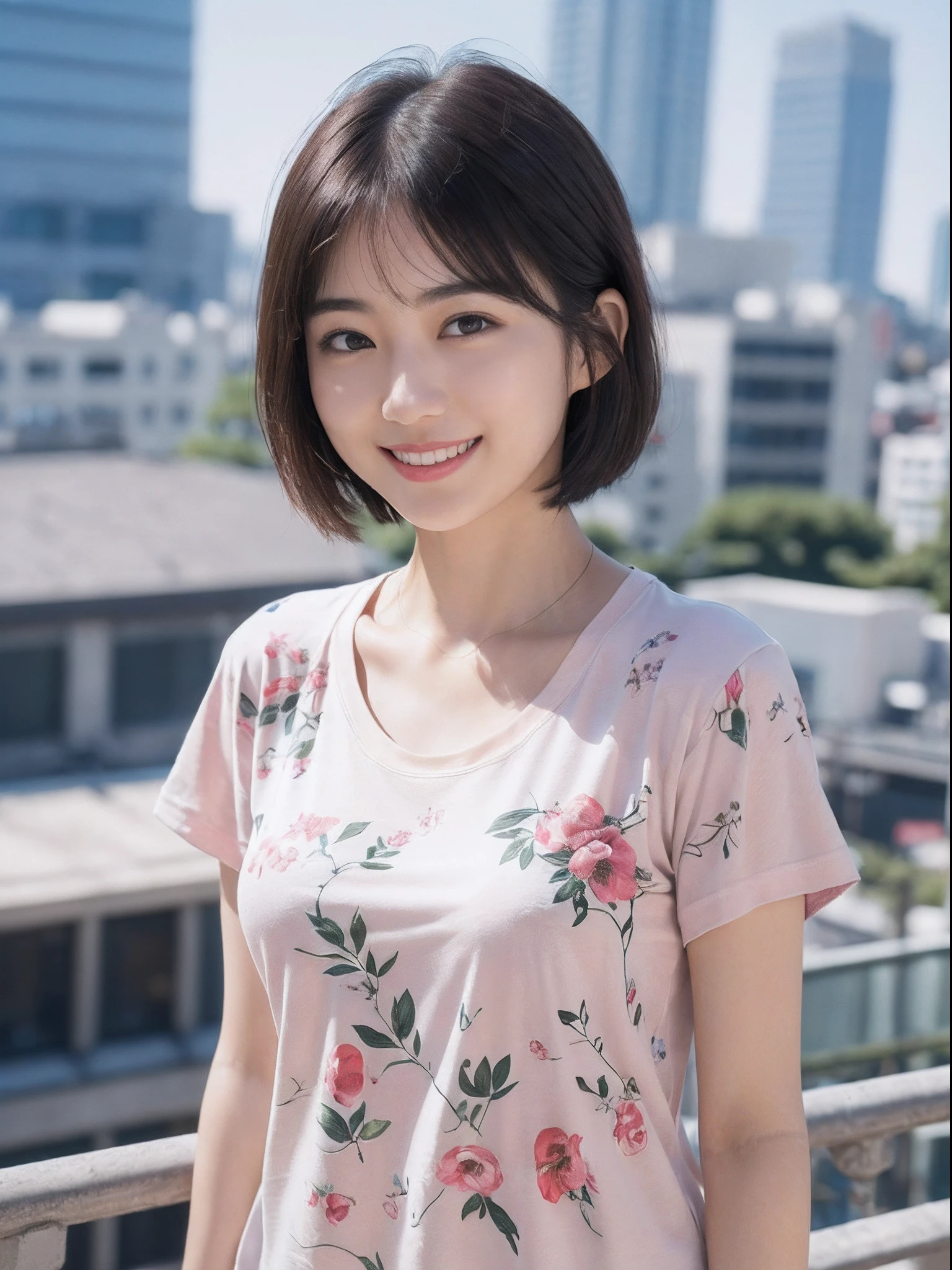 (8K、top-quality、masterpiece:1.2)、(realisitic、Photorealsitic:1.37)、ultra-detailliert、((Beautuful Women))、((Floral T-shirt))、JINS、looking at the viewers、On the roof of a building、(breast)、((black-short-hair))、tokyo streets、((a smile))