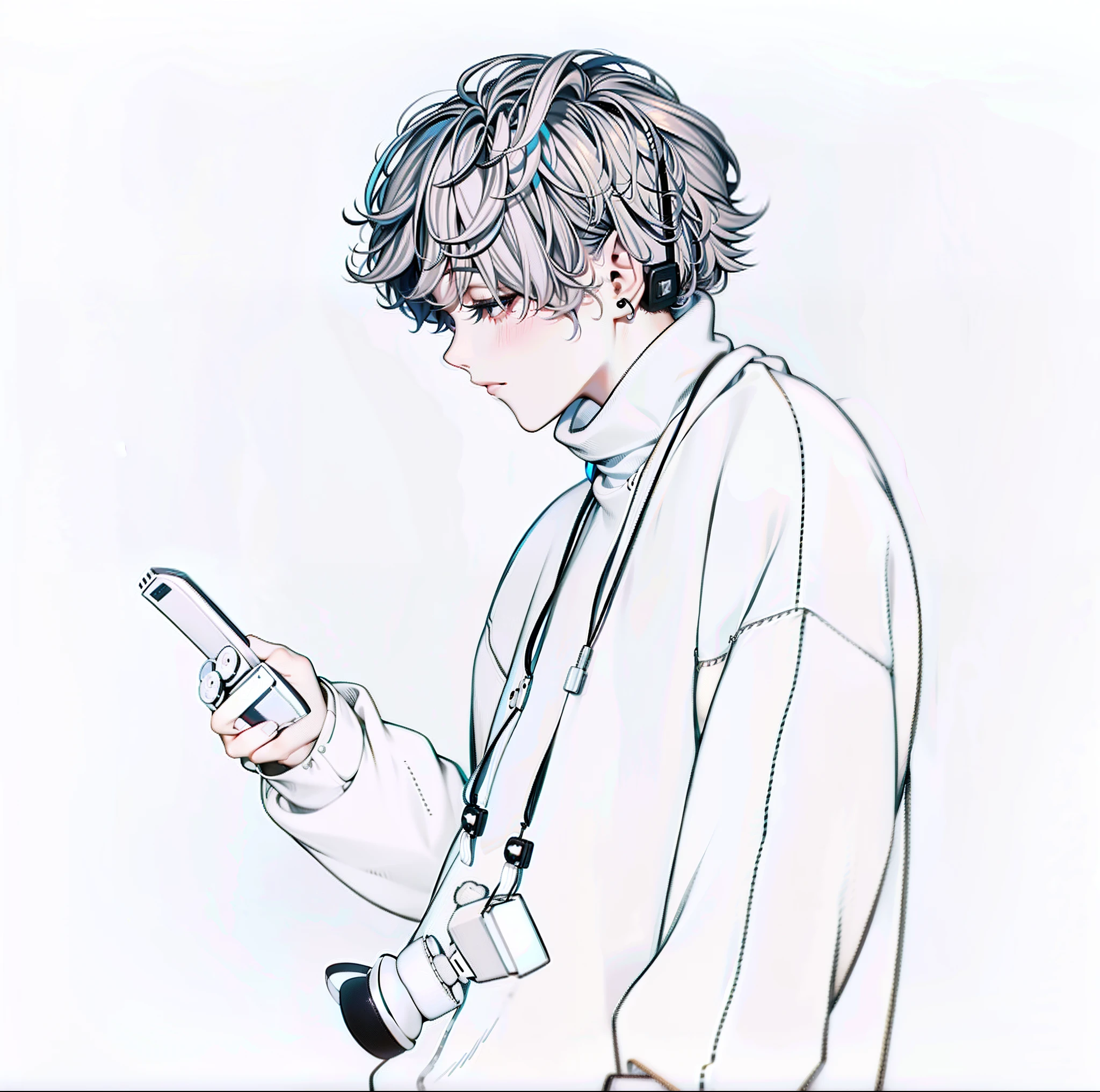 (ember, Mashed perm hair, Oversized hoodies, Neckline trimming, Black headphones hanging from the neck, Facing the front)