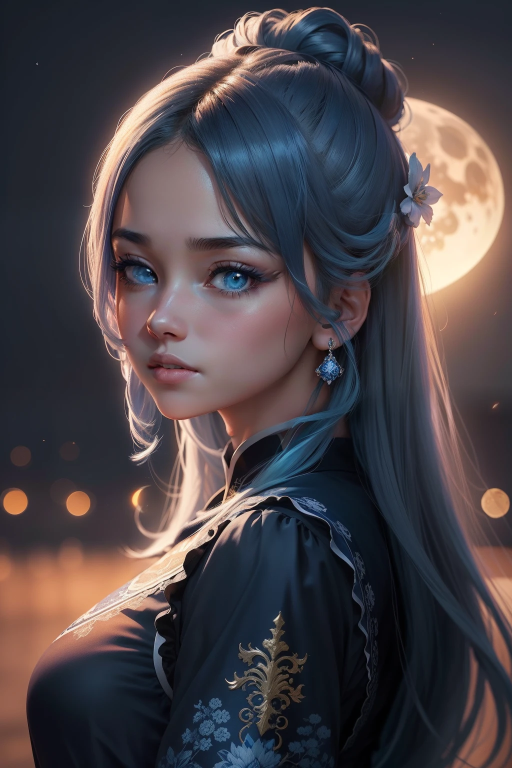 (fundo lua azul:1.4),(Silhouette of a girl's head, Olhos fechados, cabelos curto coloridos),(Chinese illustration:1.3,arte em papel:1.3, Arte em papel acolchoado:1.2),( Reasonable design, linhas claras, alta nitidez,melhor qualidade, Very detailed, master part, Efeito de luz do filme, 4k )