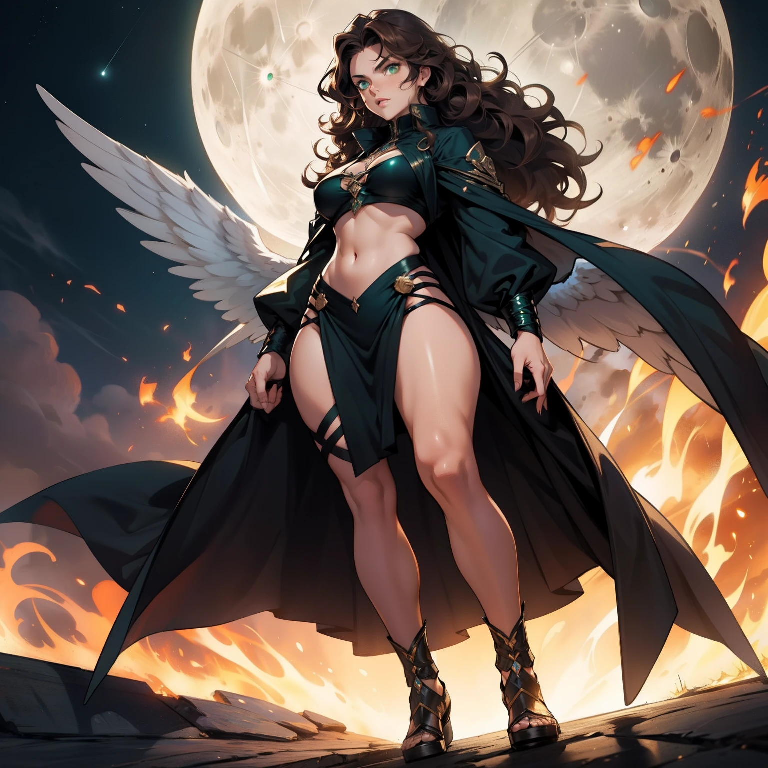 Angel Woman. Sexy Badass Witch. Brown Curly Hair. Angel Wings. Strong Woman. Beautiful Moon Background. Full Body. Long Curly Hair. Green Eyes. Fire Power