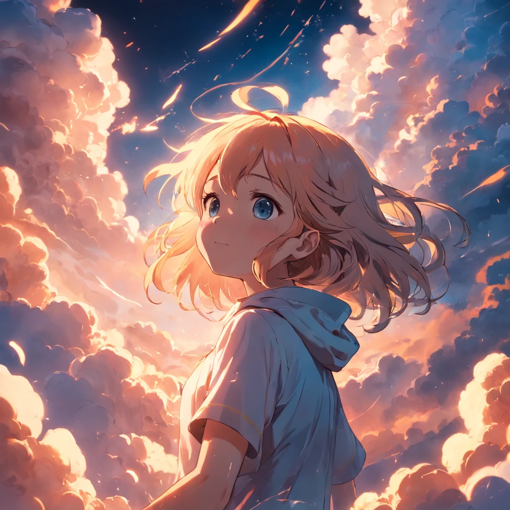 masterpiece, best quality, movie still, 1girl, cloud girl, floating in the sky, close-up, bright, happy, warm soft lighting, sunset, (sparks:0.7)