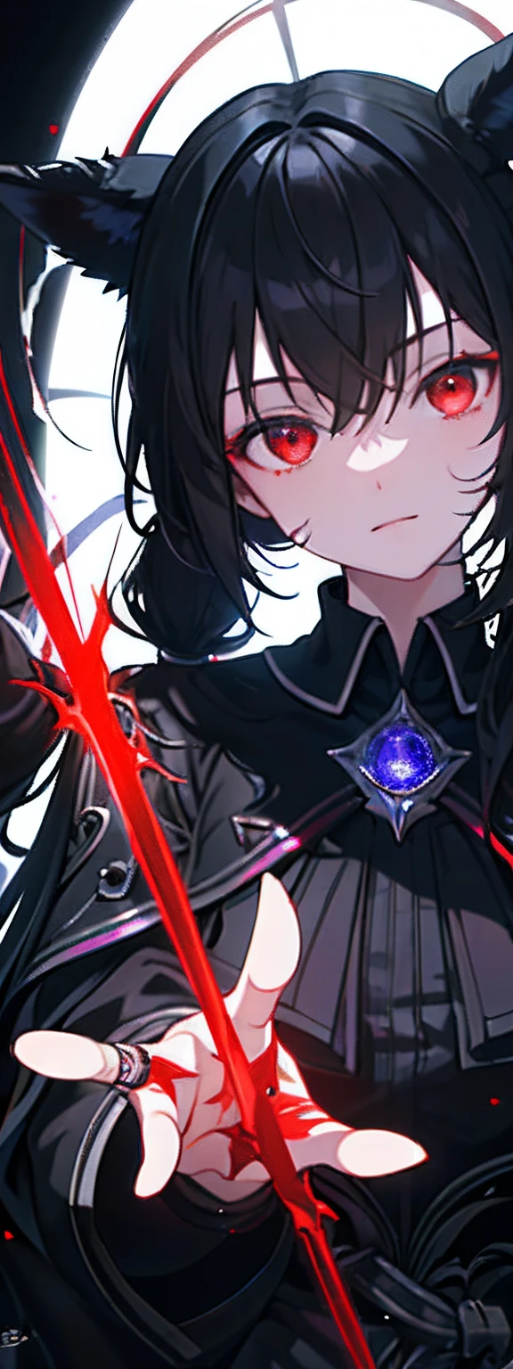 (Masterpiece, Best quality, Ultra-detailed, Best shadow), (Detailed background,Dark fantasy), (Beautiful detailed face), High contrast, (Best illumination, An extremely delicate and beautiful), ((Cinematic light)), Colorful, Hyper-detailing, Dramaticlight, Intricate details, (1 girl, Solo,Black hair, sharpy face,Low Twin Tails,Red eyes, hair between eye,Dynamic Angle), blood spatter, swirling black light around character, Depth of field,Black light particles,(Broken glass),Magical Circle,