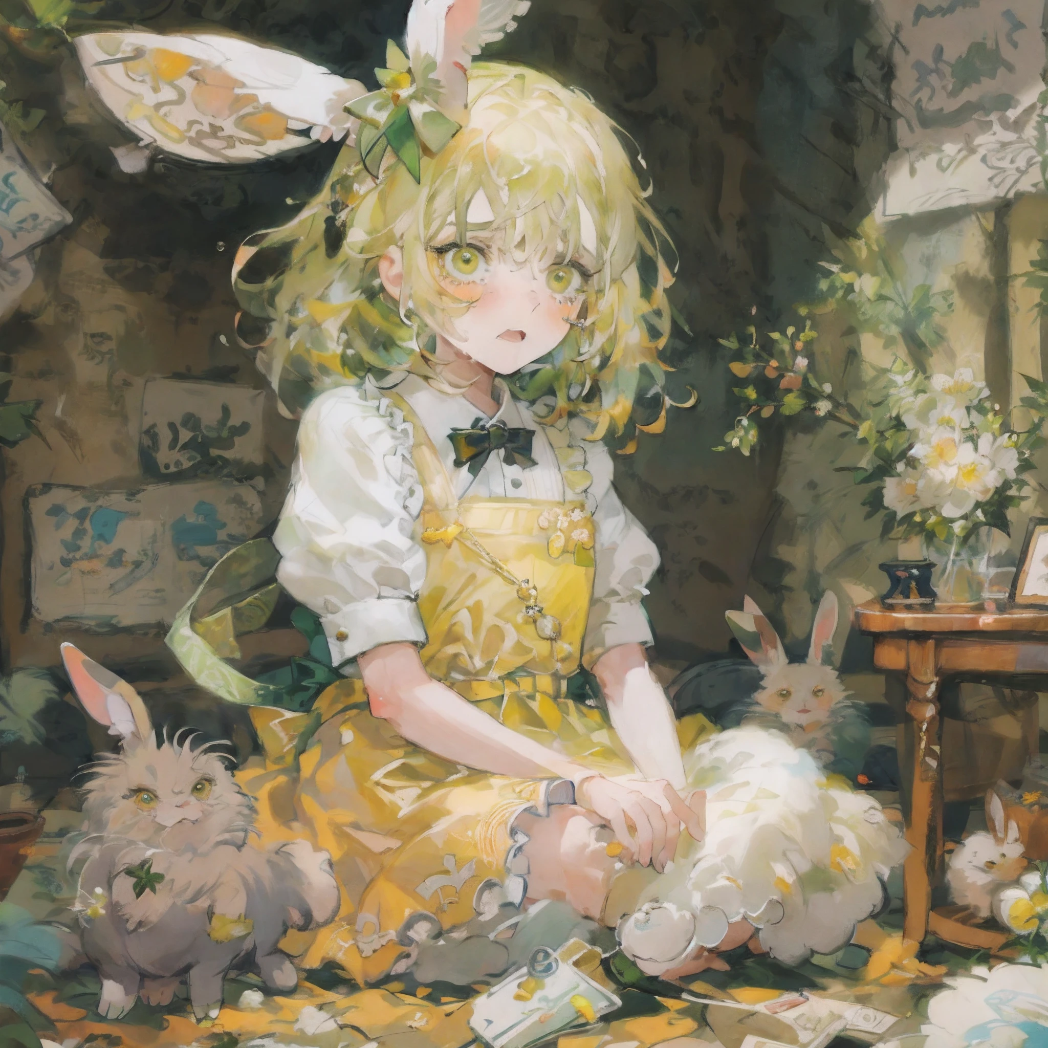 ​masterpiece, top-quality,This illustration is、Shows a girl sitting on the floor，She transforms into the image of a bunny girl，The illustration presents a very detailed cover art effect。The scene is depicted very delicately。She is dressed in a role-play costume in a maid costume，The whole gives a sense of innocence，There is a love motif in the picture，The overall picture has a jagged edge effect，Taken together，This illustration creates a naïve scene，Featuring the image of a bunny girl，And mixed with elements of Lovecraft， Embarrassing face　Embarrassed cheeks turning red　startled　Surprise,srestrained,Tears,Frightened face,Cuffed, 1 girl in,独奏,softlighting，softfocus，blurry image，high lighting，Low contrast，The overall feel is like an oil painting,Yellow-green hair,yellow-green eyes,Medium Hair,