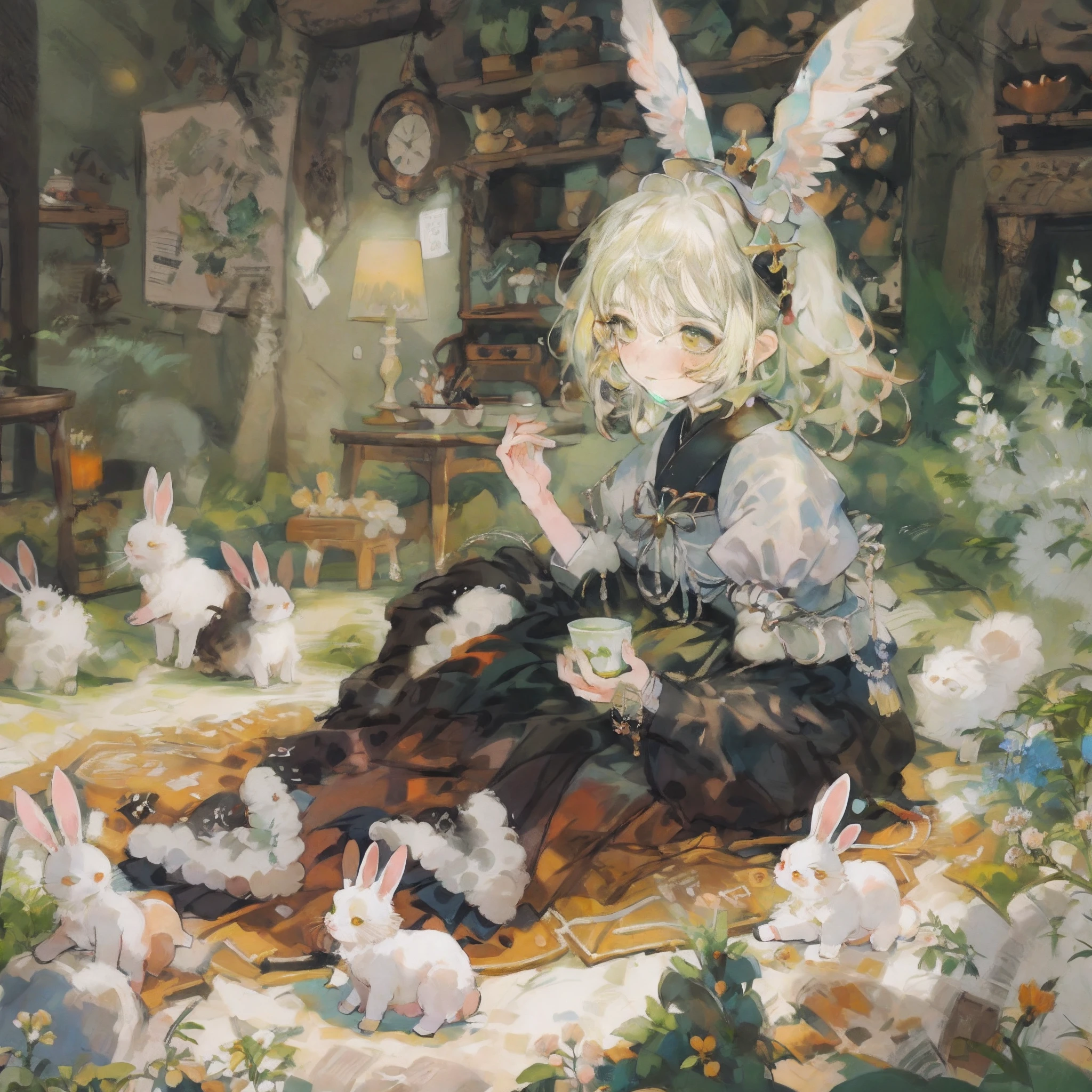 ​masterpiece, top-quality,This illustration is、Shows a girl sitting on the floor，She transforms into the image of a bunny girl，The illustration presents a very detailed cover art effect。The scene is depicted very delicately。She is dressed in a role-play costume in a maid costume，The whole gives a sense of innocence，There is a love motif in the picture，The overall picture has a jagged edge effect，Taken together，This illustration creates a naïve scene，Featuring the image of a bunny girl，And mixed with elements of Lovecraft， Embarrassing face　Embarrassed cheeks turning red　startled　Surprise,srestrained,Tears,Frightened face,Cuffed, 1 girl in,独奏,softlighting，softfocus，blurry image，high lighting，Low contrast，The overall feel is like an oil painting,Yellow-green hair,yellow-green eyes,Medium Hair,