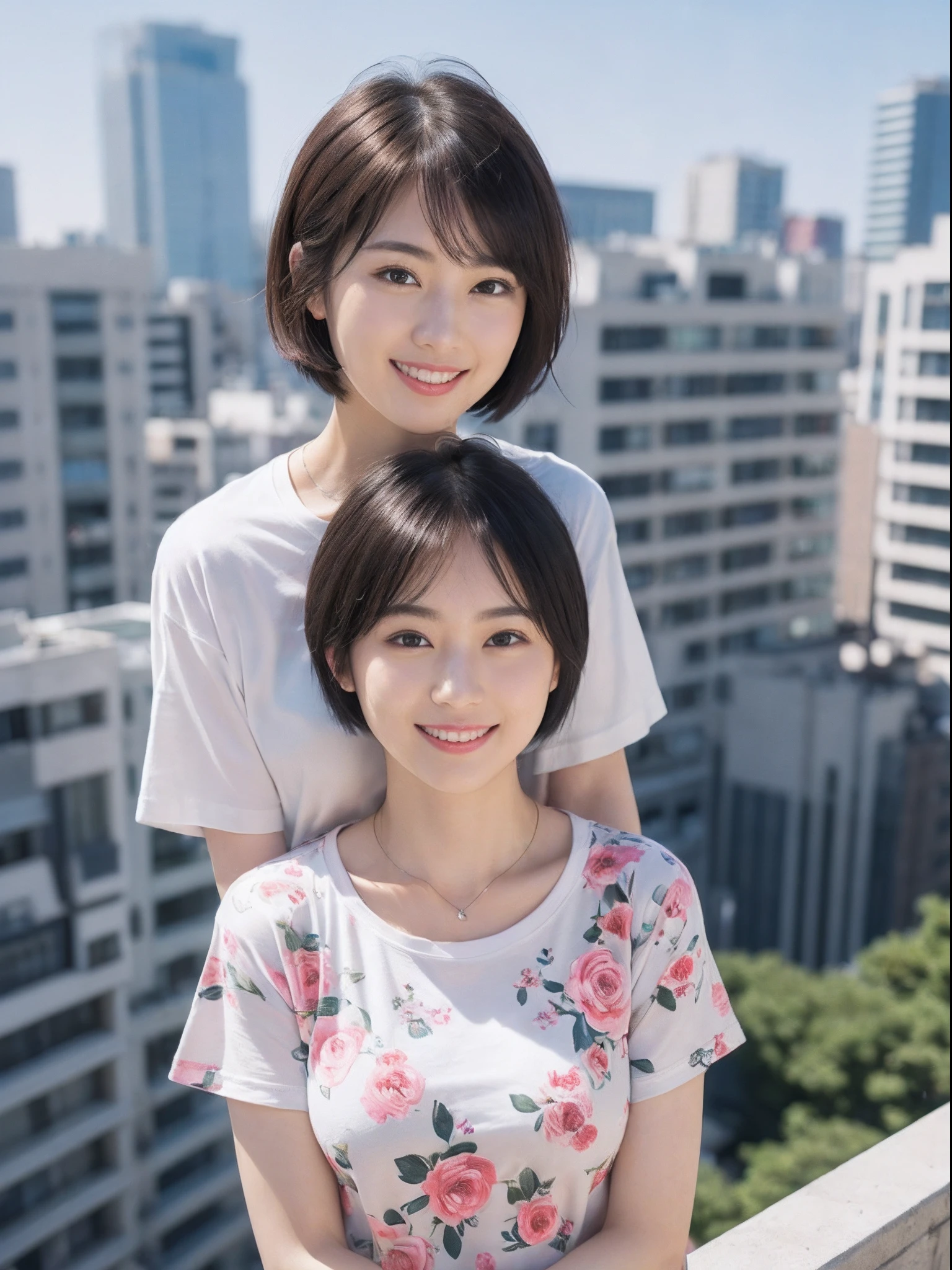 (8K、top-quality、​masterpiece:1.2)、(realisitic、Photorealsitic:1.37)、ultra-detailliert、((Beautuful Women))、((Floral T-shirt))、JINS、looking at the viewers、On the roof of a building、(breast)、((black-short-hair))、tokyo streets、((a smile))