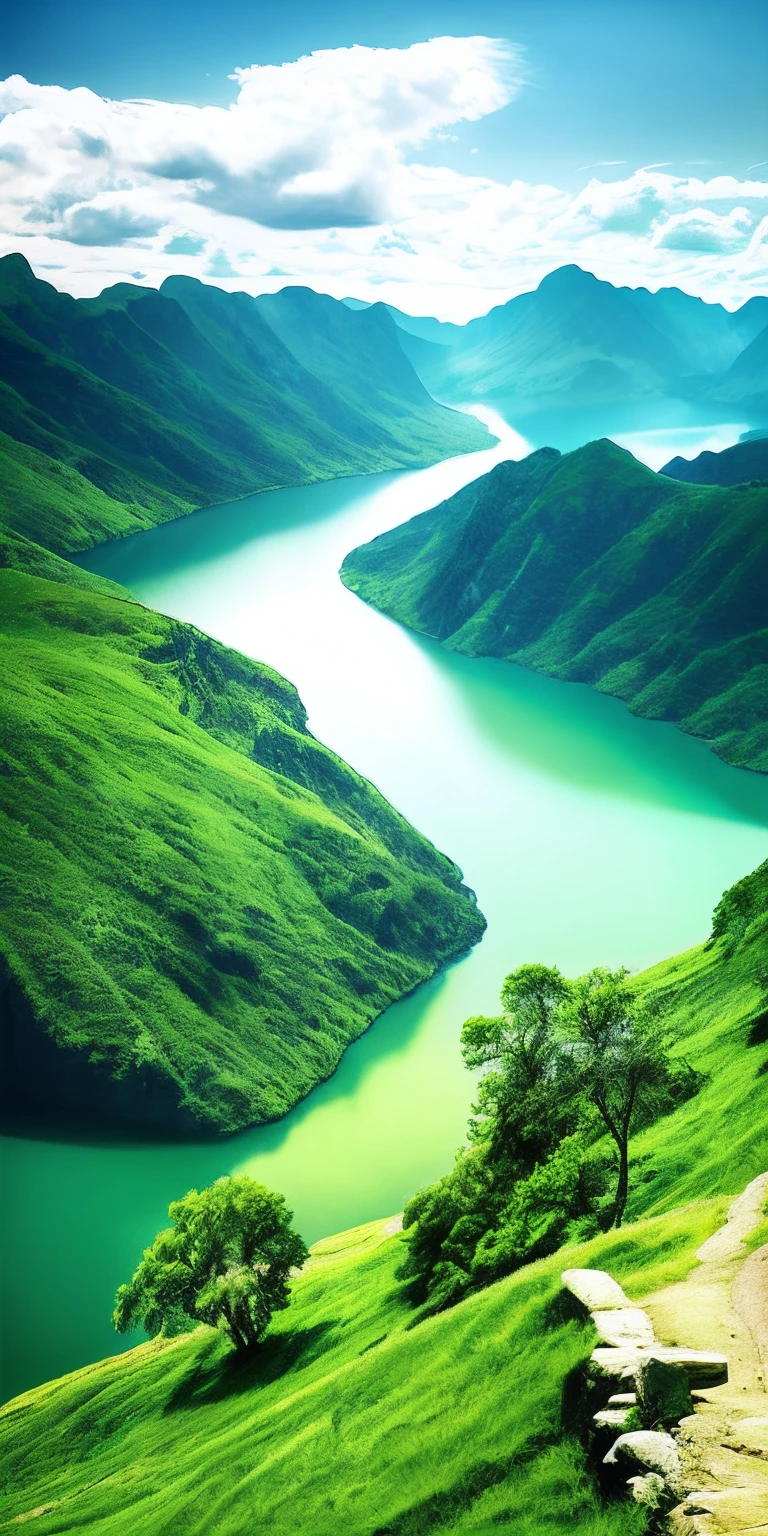 scenery, outdoor, sky, cloud, day, no humans, mountain, panorama, water, tree, blue sky, waterfall, cliff, nature, lake, river, cloudy sky