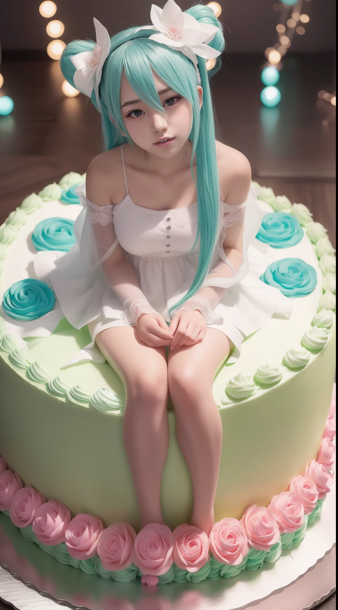 Hatsune Miku sits on a huge creamy birthday cake,The birthday cake is lit with colorful birthday candles,happy birthay,ssmile,exquisite facial features,Elaborate Eyes,Gentle and shy face,Peerless beautiful girl,Advancedsense,Hold the strawberry between the buttocks