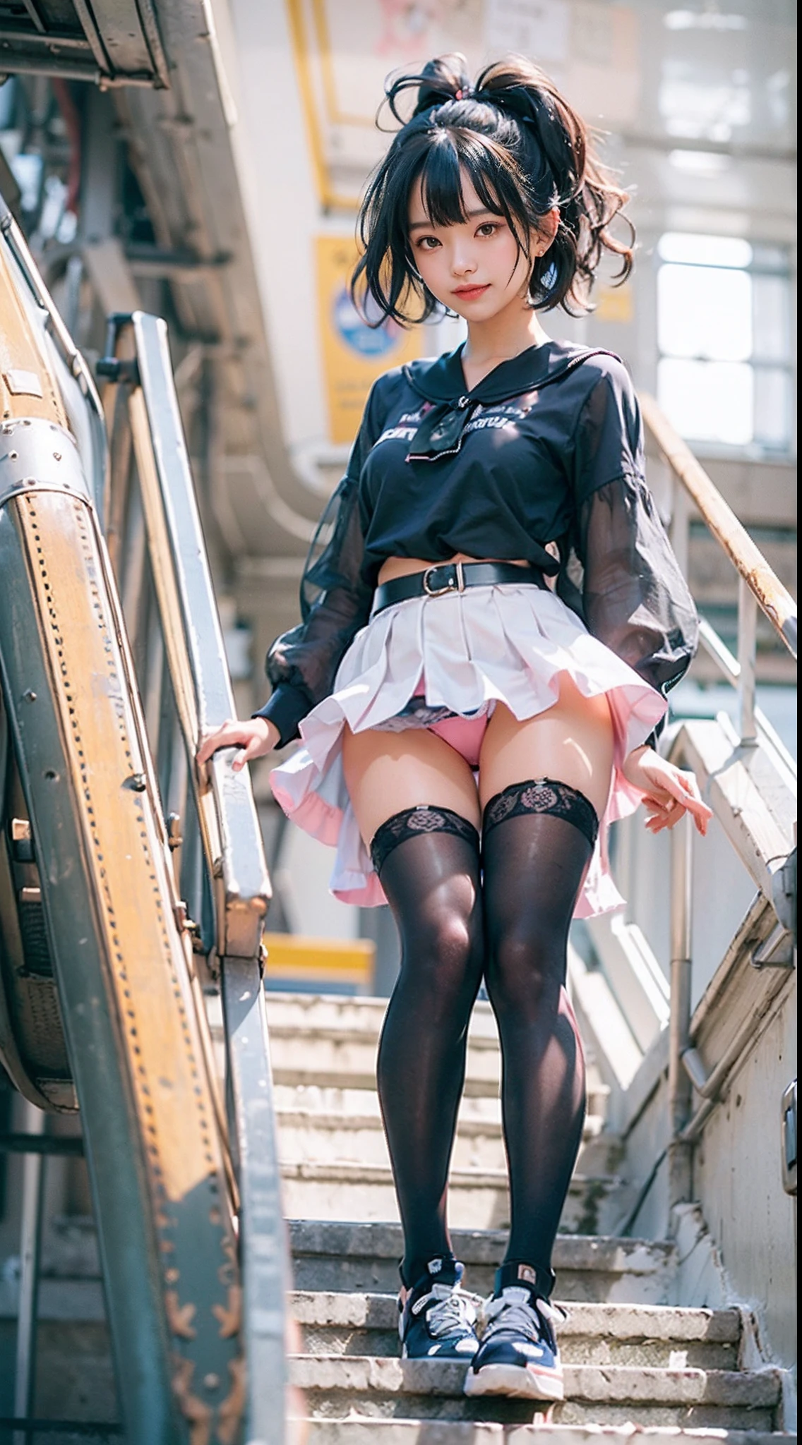 NSFW, 1girl in, (Well-formed face), Pink blouse, Dark blue mini skirt, ((skirt rift)), (white panties), ((You can see all your panties)), (Skirts are absolutely worn), ((showing panties)), (Blouses are absolutely worn), emphasis on the buttocks, turned around, long , The costume is sheer, de pele branca, slender, Small buttocks, beauty legs, small tits, Sunnyday, train station stairs, Wet, Dark hair, I have bangs, short-hair, double eyelid, Smiling smile, ((Angle looking up from below)), Draw from the knee up, surrealism, Cinematic lighting, depth of fields, One-person viewpoint, F/1.8, 135 mm, canon, nffsw, masutepiece, ccurate, Anatomically correct, Textured skin, Super Detail, high details, High quality, awardwinning, Best Quality, hight resolution, 1080p, 4K, 8K