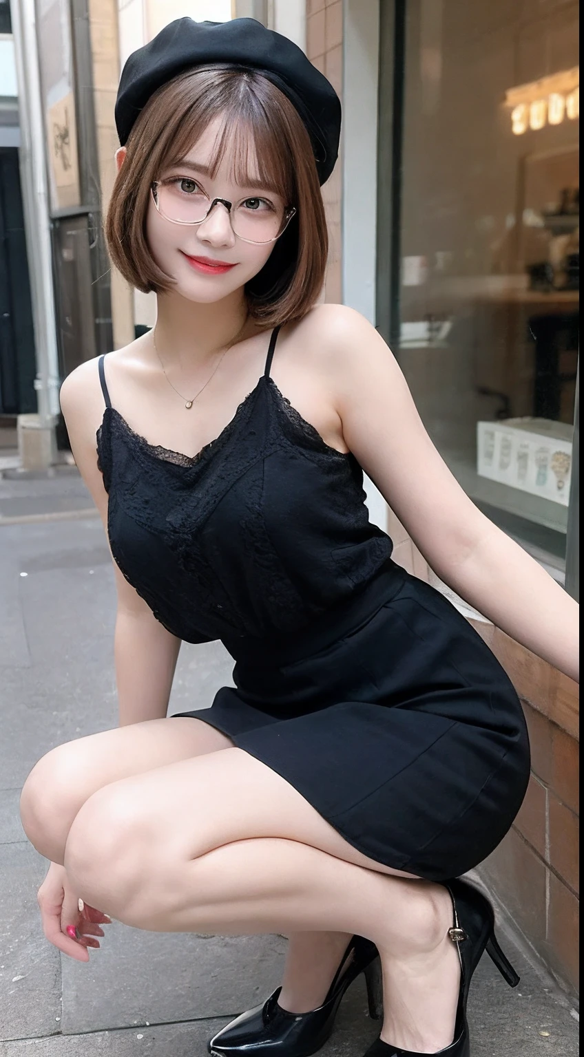 1girll、Masterpiece Mastepiece, Best Quality, Illustration, Ultra-detailed, finely detail, hight resolution, high-level image quality、8K Wallpaper, a Korean girl、韓国アイドル、Perfect dynamic composition, Beautiful detailed eyes, Random Dresses,Medium Hair, cleavage of the breast, Natural Color Lip, ((Spread your legs apart))、((I can see panties)),Beautiful skin、Smile,Street Walk、20 years girl
