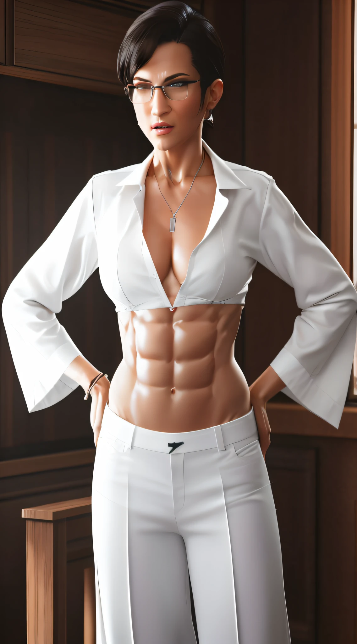 there is a woman in a white shirt and white pants posing for a picture, 3 d render of a full female body, crop shirt and strong abs, photorealistic perfect body, with abs, feminine and muscular, gordon freeman as a woman, fully clothed. painting of sexy, [ rigidly defined abs ]!!, abs, realistic shaded perfect body