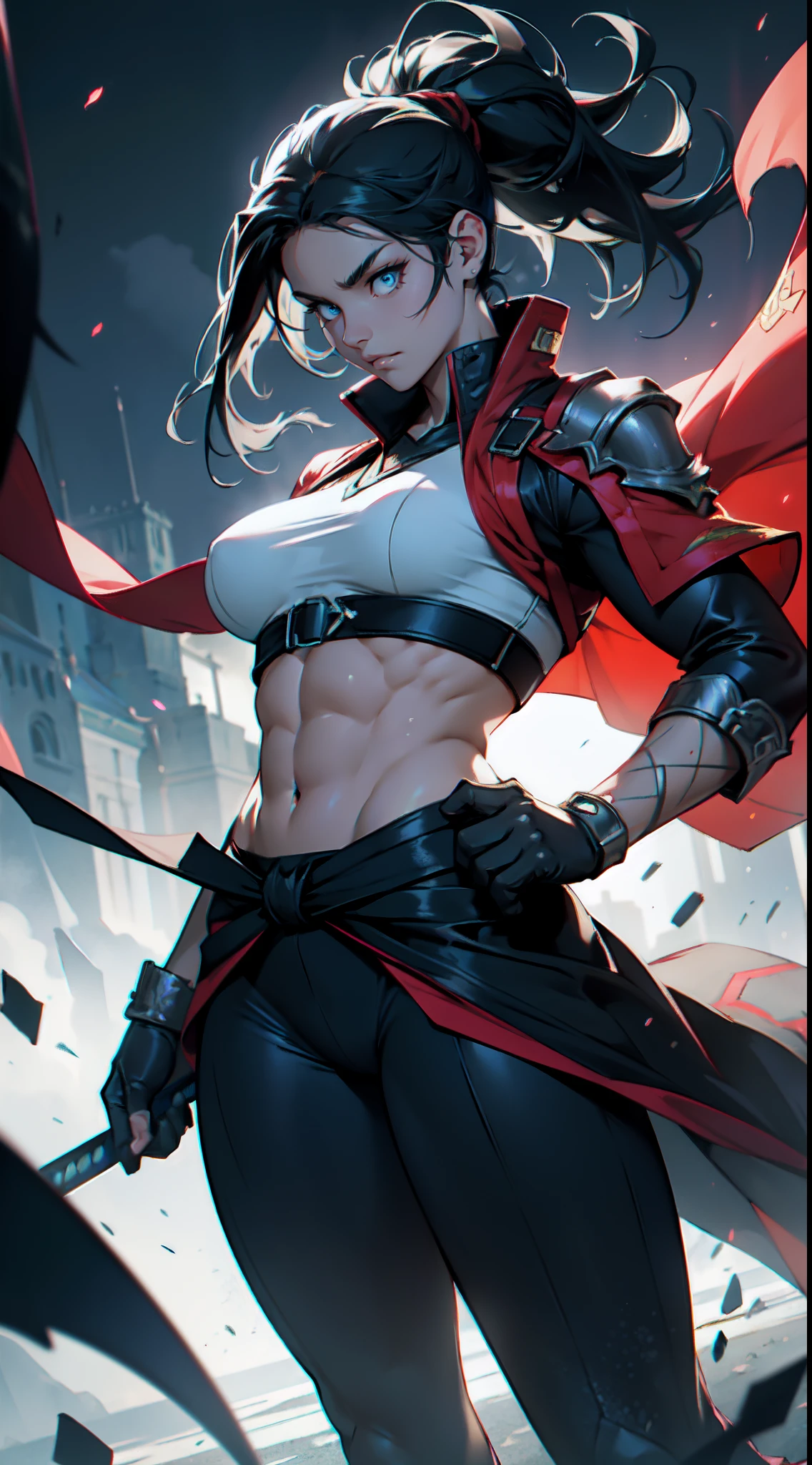 ((Simon Bisley)), Beautiful full-bodied woman, 30 years old, muscular and perfect body, barbarian warrior with little clothing, tiny thong, large breasts, generous neckline, holding a blood-stained sword, brave face, dark kingdom, sexy pose, walking inside a tavern full of mischievous men