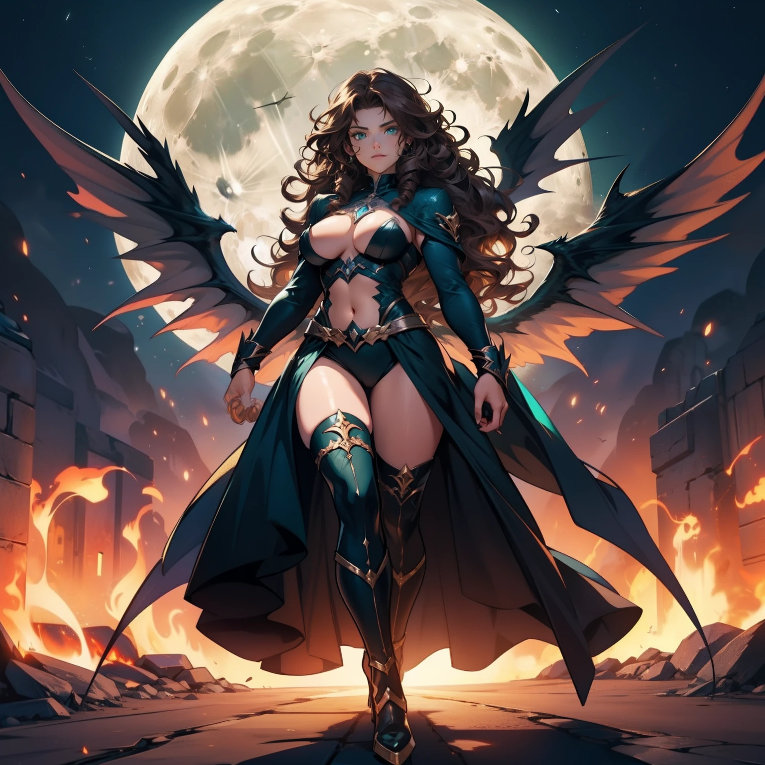 Angel Woman. Sexy Badass Witch. Brown Curly Hair. Angel Wings. Strong Woman. Beautiful Moon Background. Full Body. Long Curly Hair. Green Eyes. Fire Power. Draconic Witch