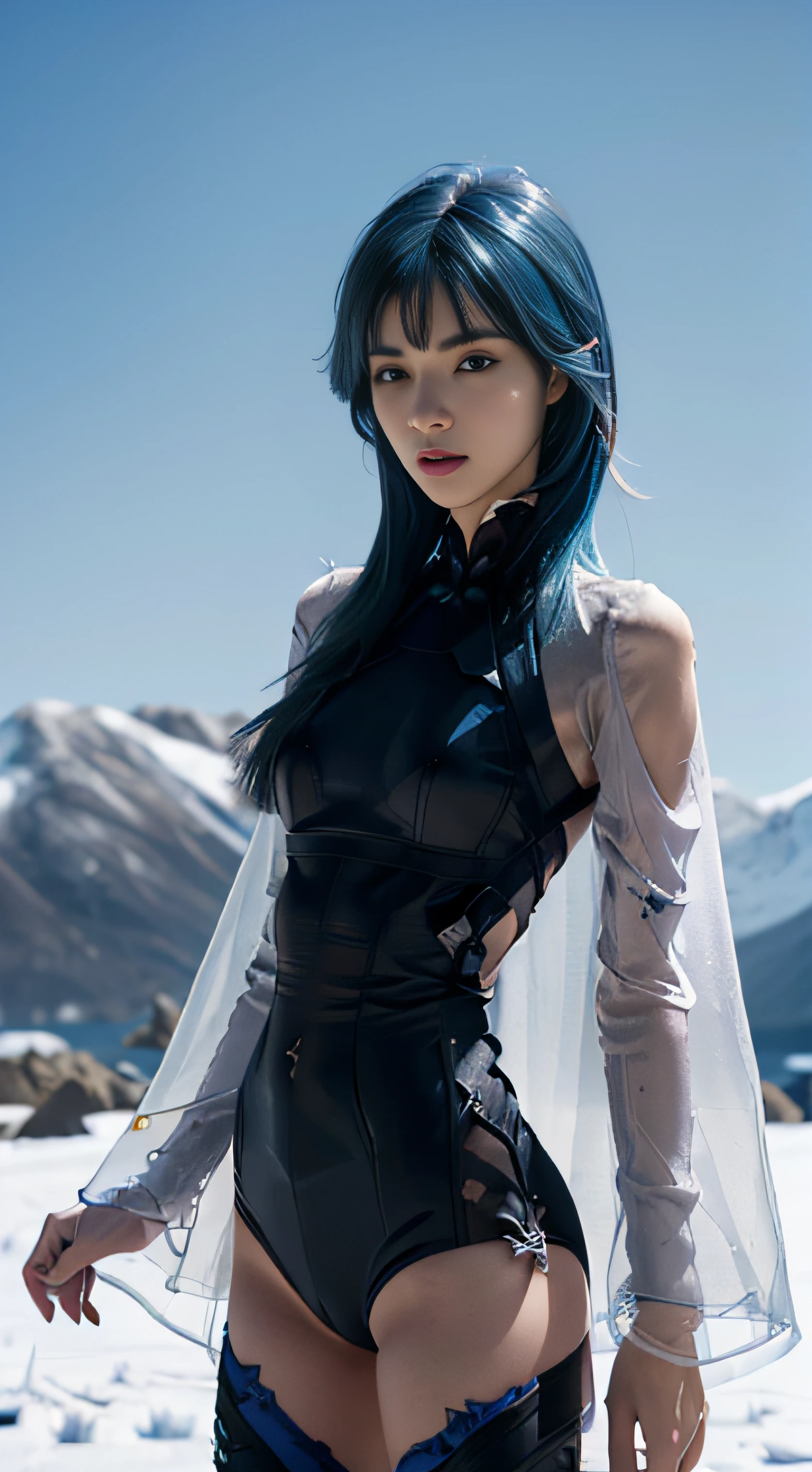 8K, Top Quality, Intricate Details, Ultra Detail, Ultra High Resolution, Masterpiece, full body, 1girl, solo, 1 girl, ((random angle)), ((small and beautiful hard nipple)), feminine and sexy posture, ((tall girl, skinny, slim, tall skinny)), (((fit body))), (((slim face))), sharp face, sharp eyes, (((sky blue hair, long hair, bangs)) small lips, long hair, ((battlesuit, transparent side cape)) , detailed face, detailed breast, Beautiful girl with accentuated slender abs: 1.4, Six Pack Abs: 1.4, Bust Botox, Big, Perfect Body, detail leg, in the snow,