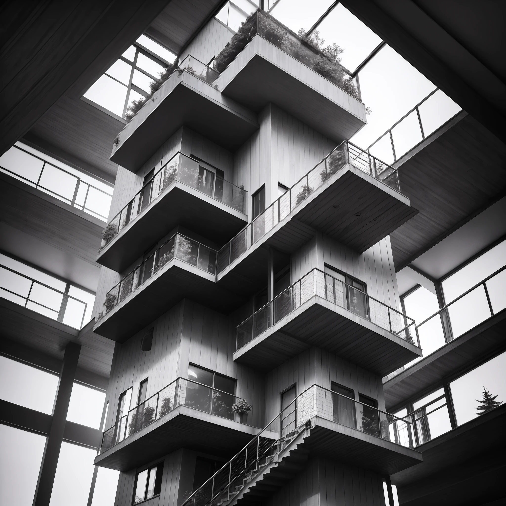 black andwhite, 60s style view of a three-story cube building in a Swiss forest, With a metal spiral staircase leading to the top floor, Surrounded by lush vegetation, Illuminated by cloudy days --auto