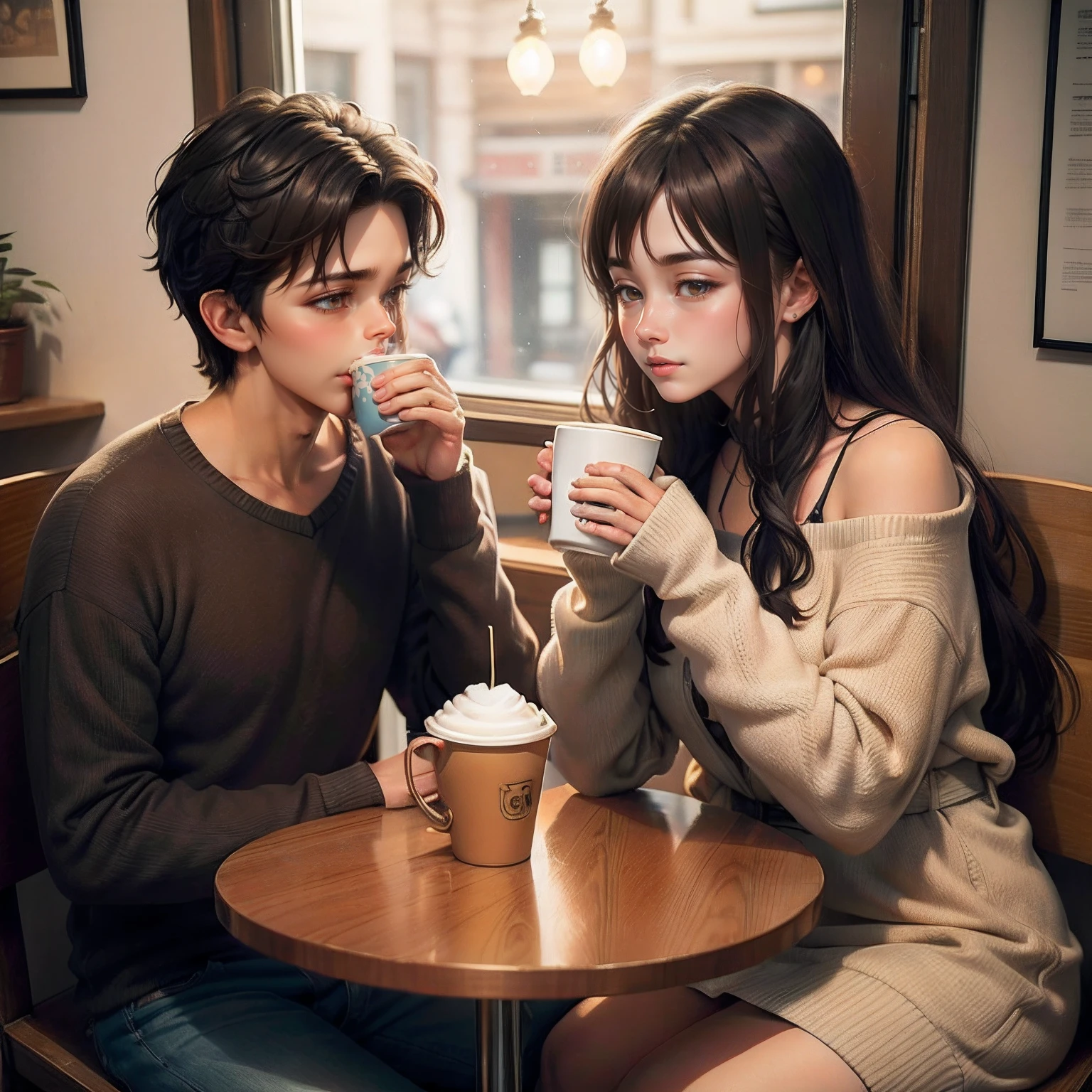"In a cozy cafe, the handsome boy and girl sit facing each other, holding warm cups of coffee. They are engrossed in a deepening conversation, shiloettte